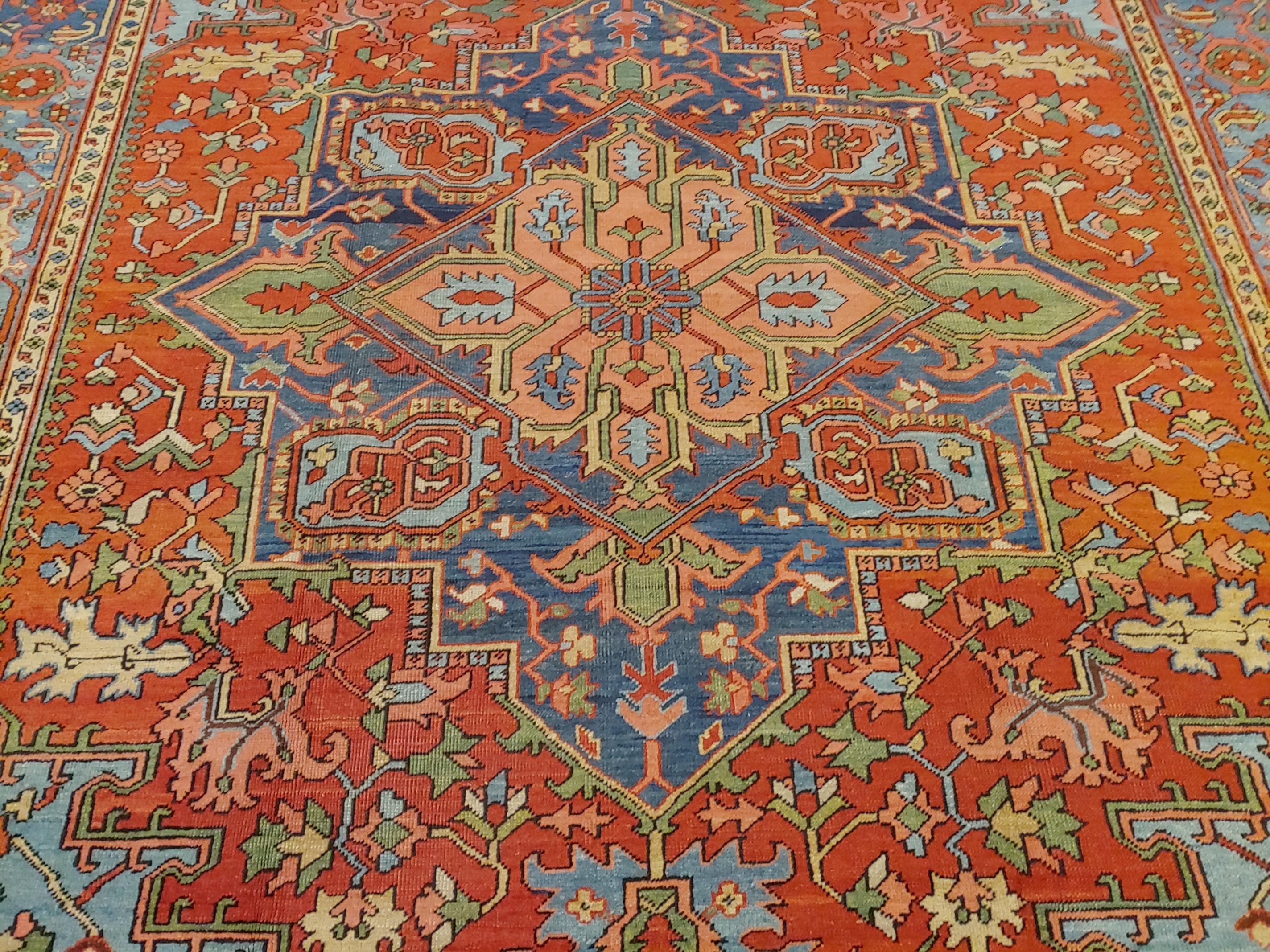 20th Century Antique Persian Heriz Rug, Rust Colored with Light Blue Wool, Room Size