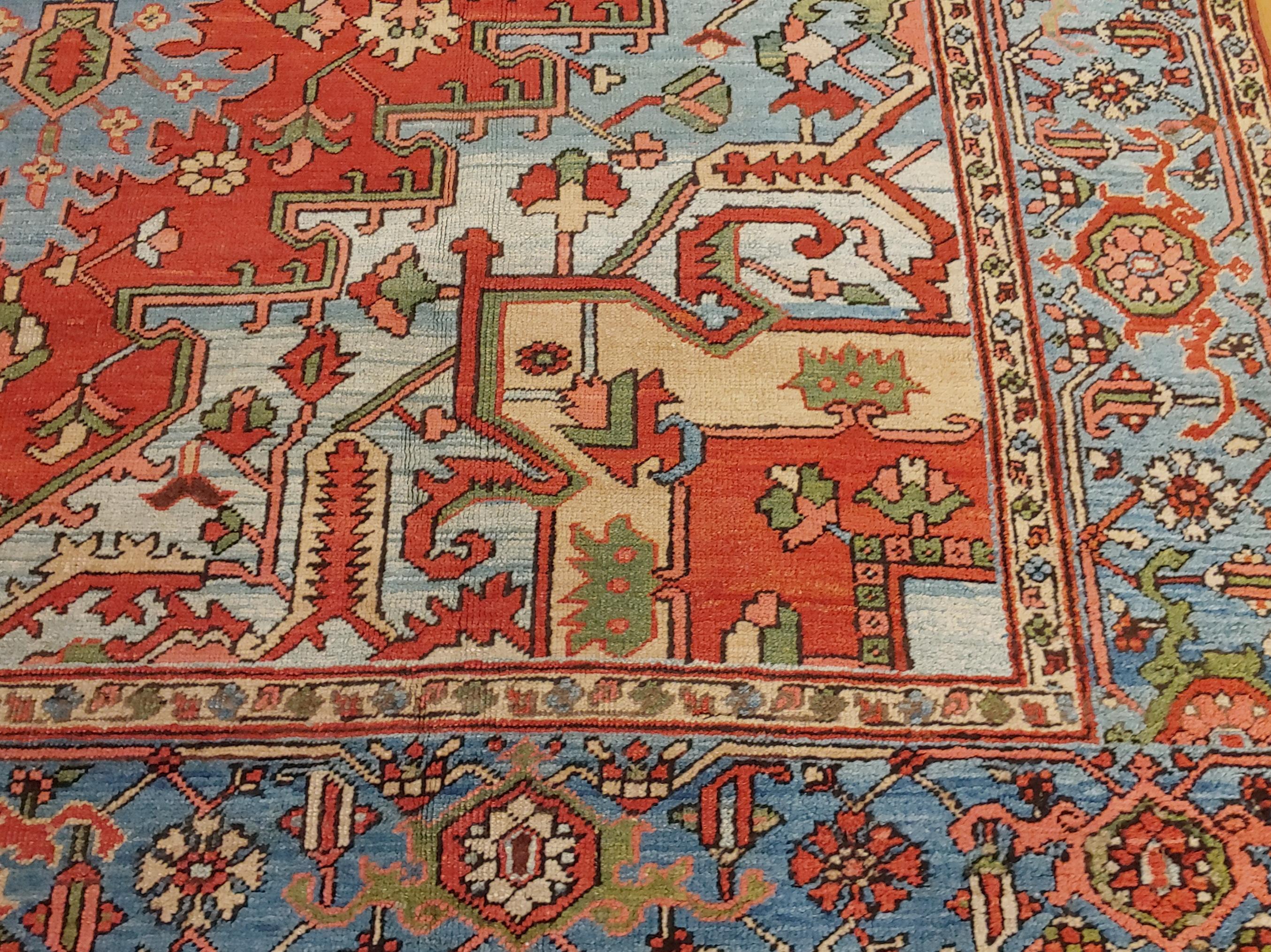 Antique Persian Heriz Rug, Rust Colored with Light Blue Wool, Room Size 1