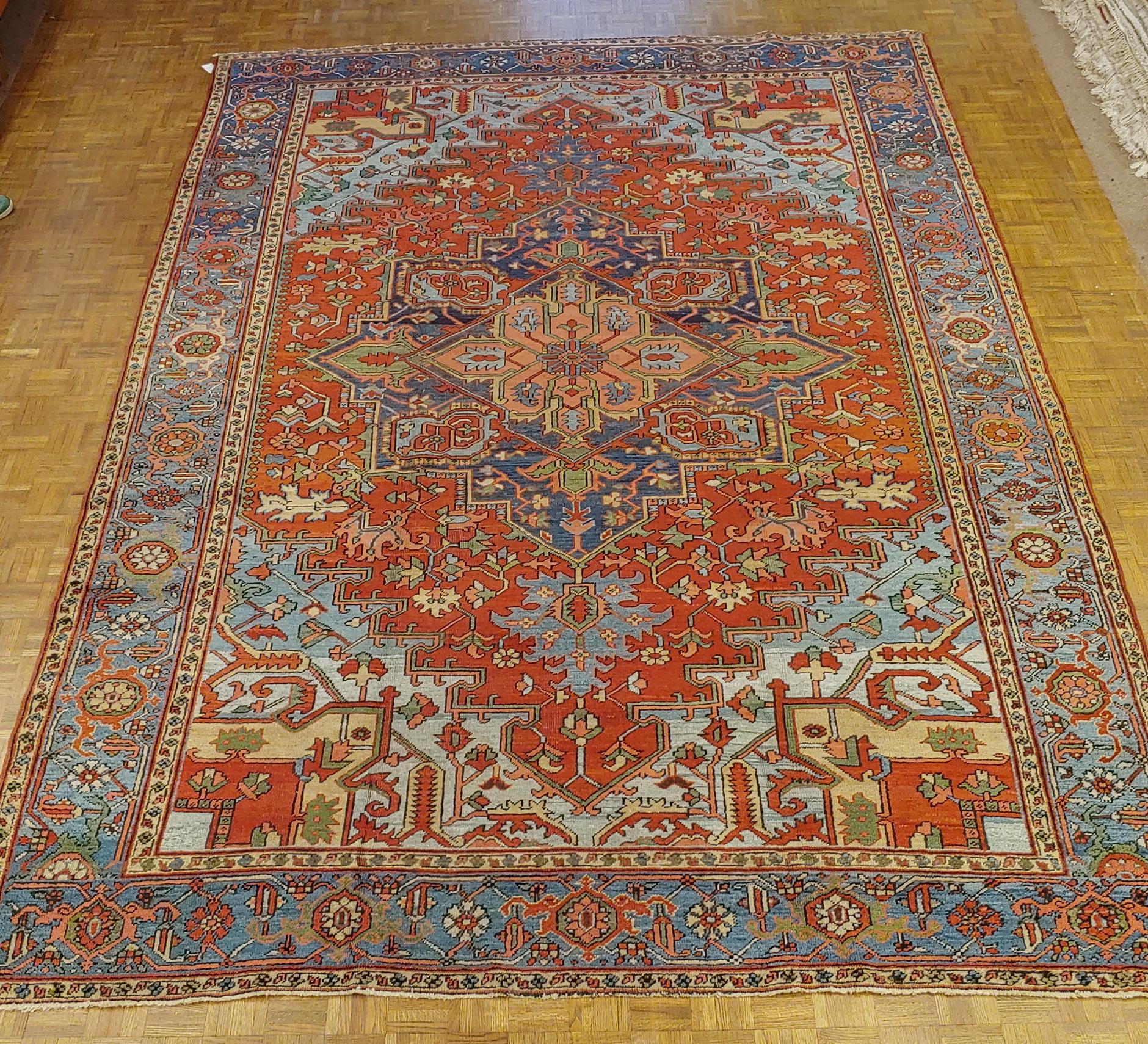 Antique Persian Heriz Rug, Rust Colored with Light Blue Wool, Room Size 2