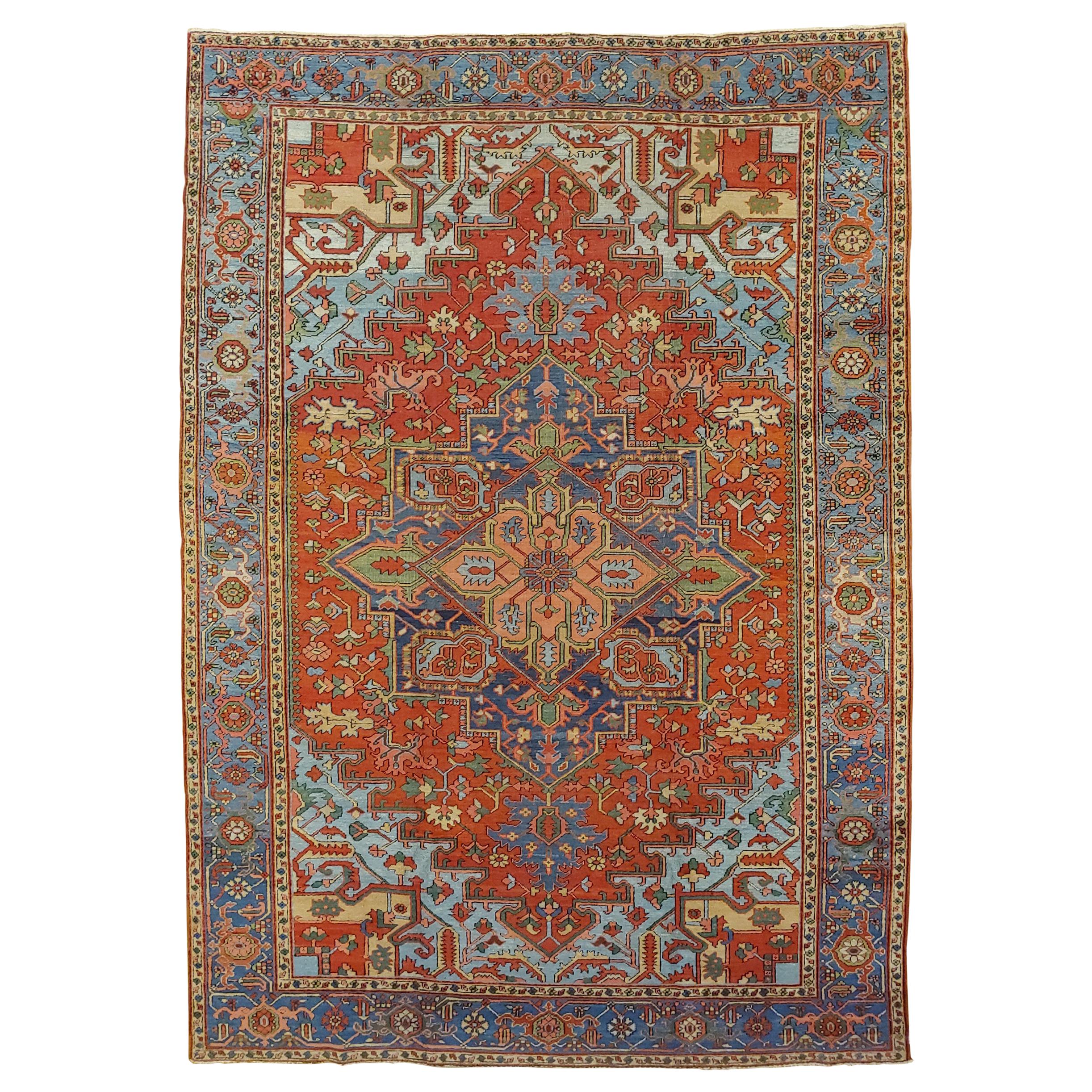 Antique Persian Heriz Rug, Rust Colored with Light Blue Wool, Room Size