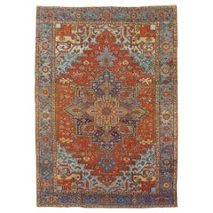 Antique Persian Heriz Rug, Rust Colored with Light Blue Wool, Room Size