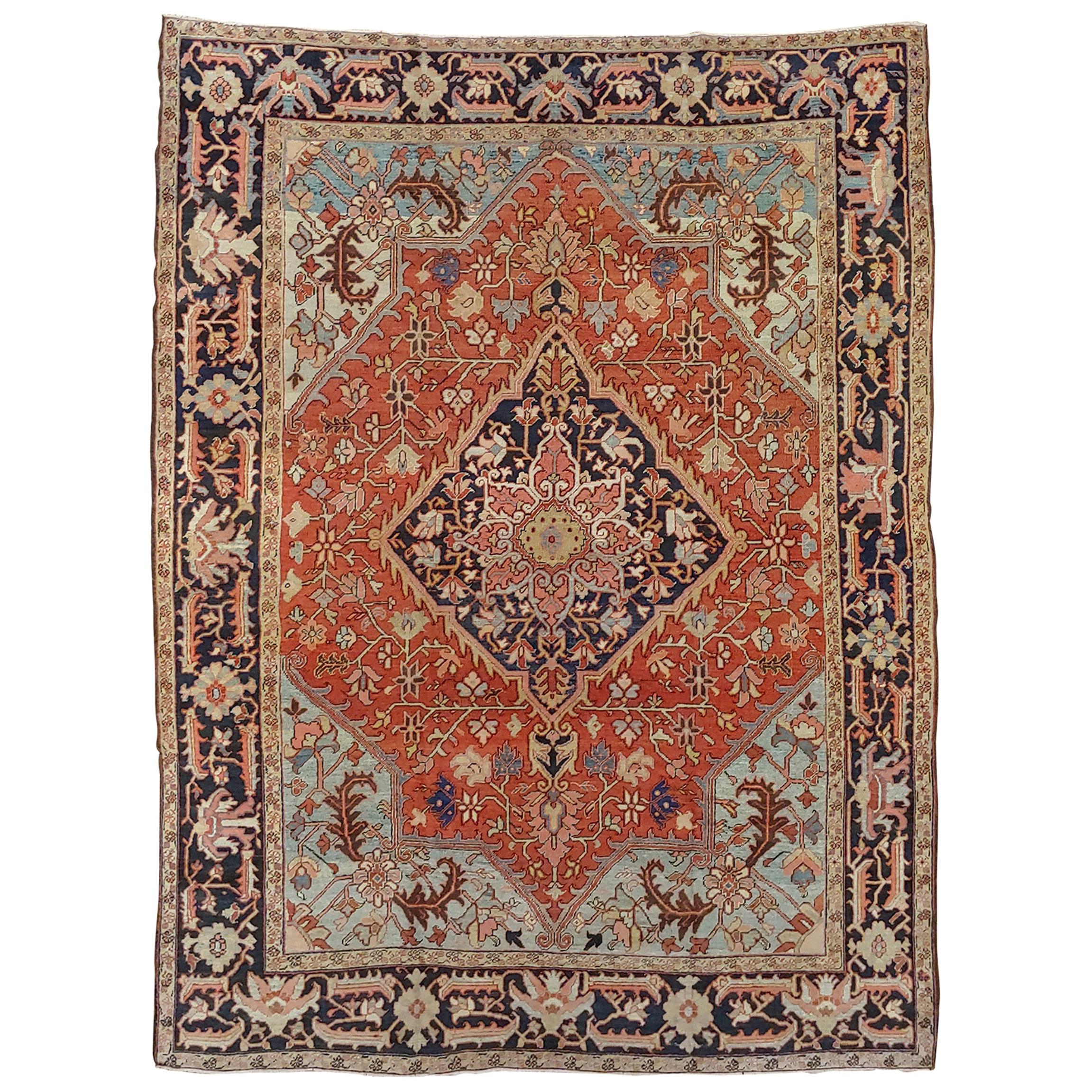 Antique Persian Heriz Rug, Rust Colored, Wool, Room Size