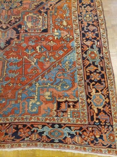 Antique Persian Heriz Rug, Rust With Light Blue Corners, Wool, 1915