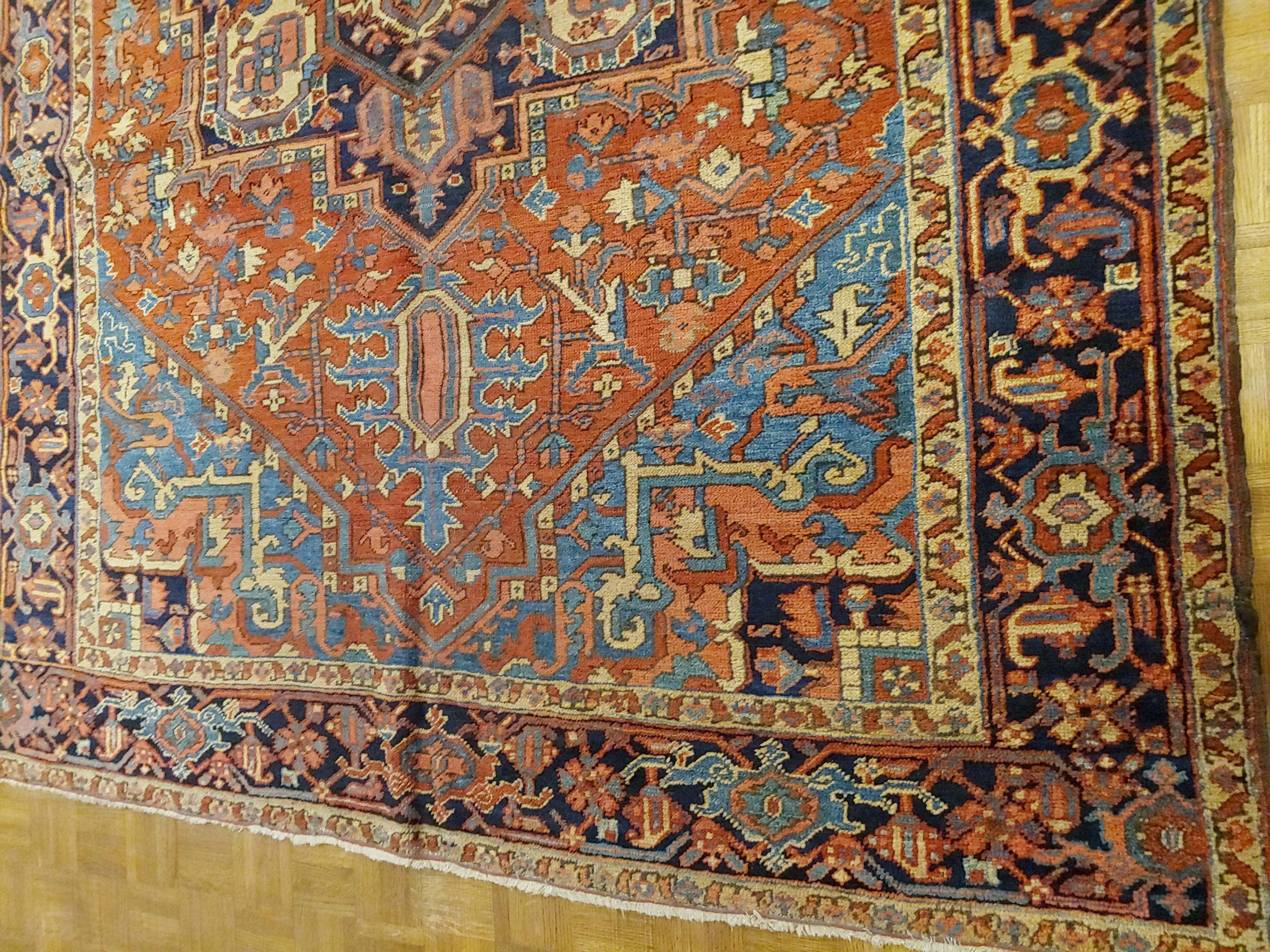 Heriz Serapi Antique Persian Heriz Rug, Rust With Light Blue Corners, Wool, 1915 For Sale