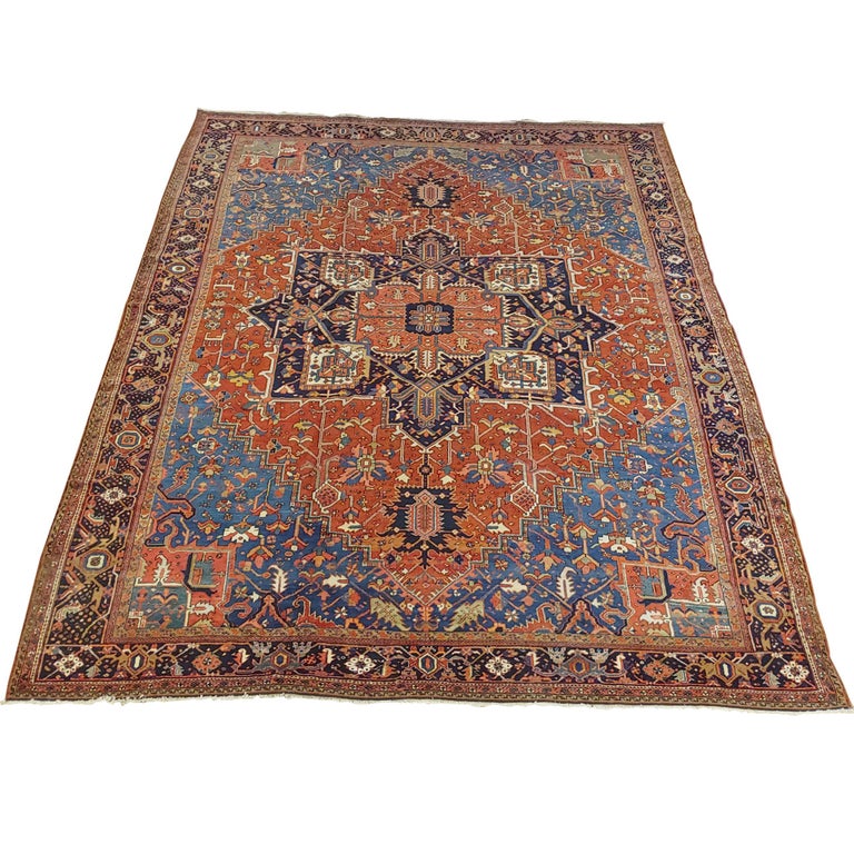 Antique Persian Heriz Rug Rust With Blue And Teal Corners Wool 1915 antique-persian-heriz-rug-rust-with-blue-and-teal-corners-wool-1915