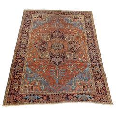 Antique Persian Heriz Rug, Rust With Light Blue Corners, Wool, 1915