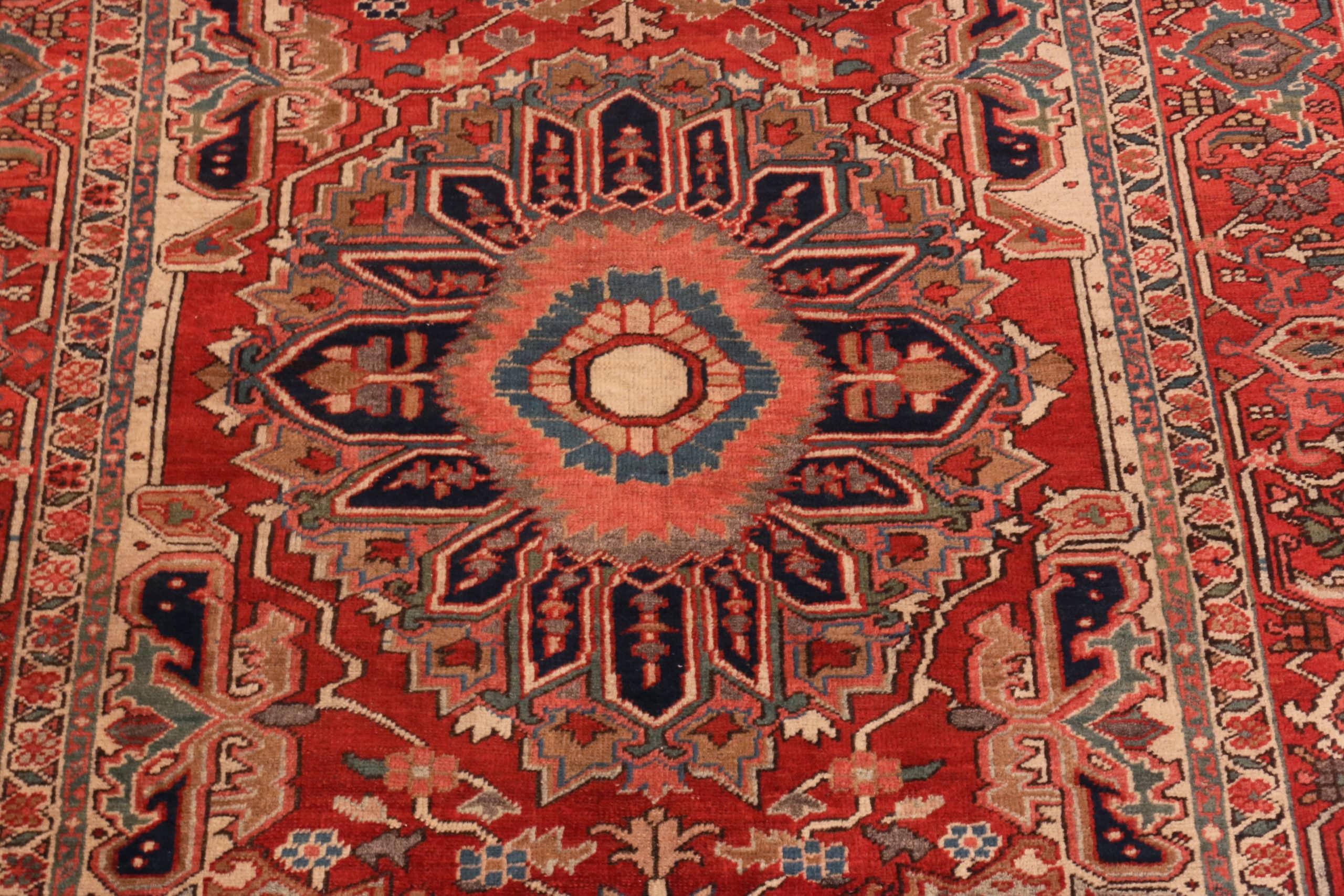 Beautiful Small Vibrant Geometric Antique Persian Heriz Rug, Country of Origin / rug type: Persian Rugs, Circa date: 1920. Size: 4 ft 10 in x 5 ft 9 in (1.47 m x 1.75 m)
   