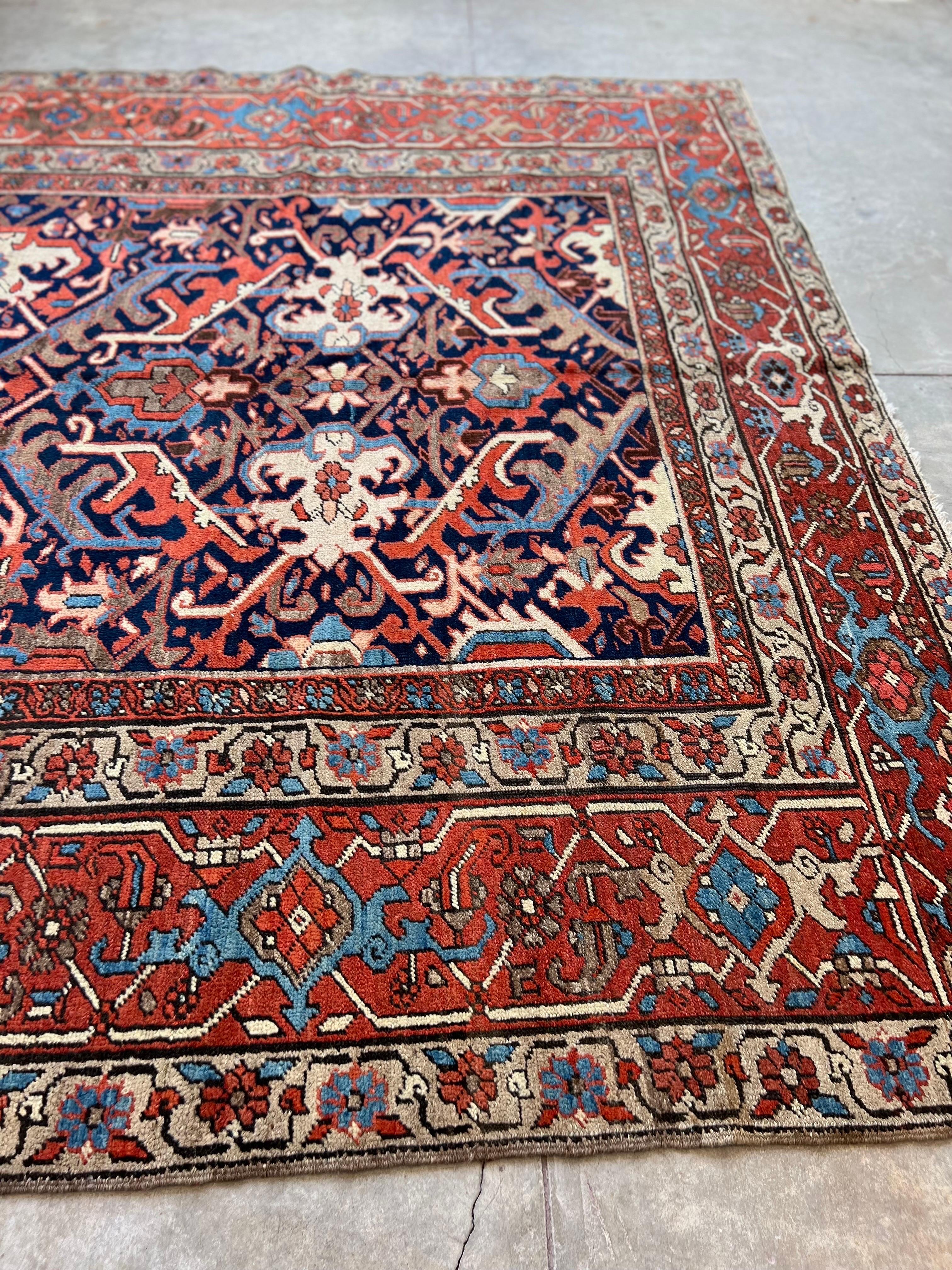 Antique Persian Heriz Rug with a Blue Field, All-Over Pattern, circa 1920s 3