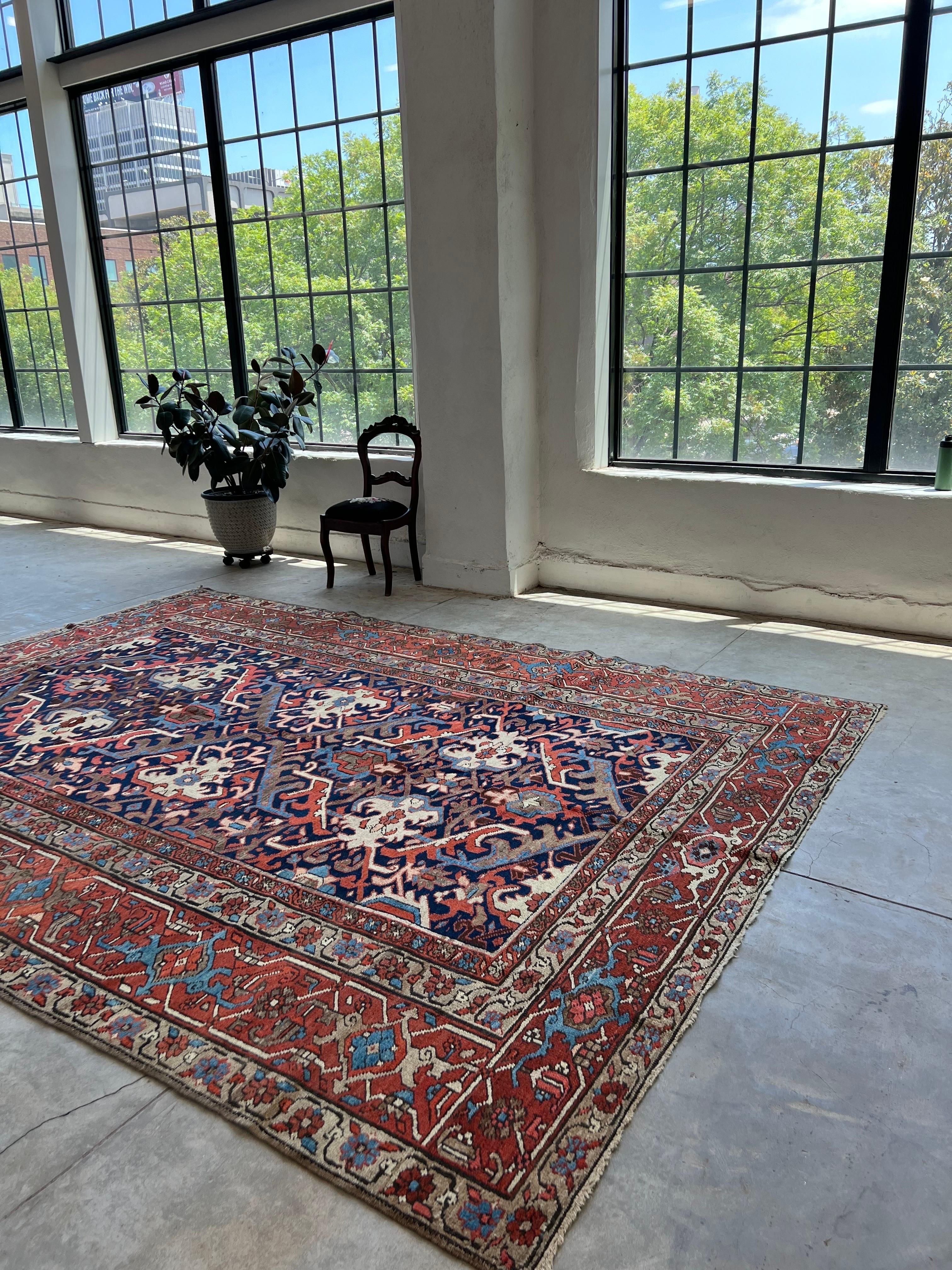Antique Persian Heriz Rug with a Blue Field, All-Over Pattern, circa 1920s 4