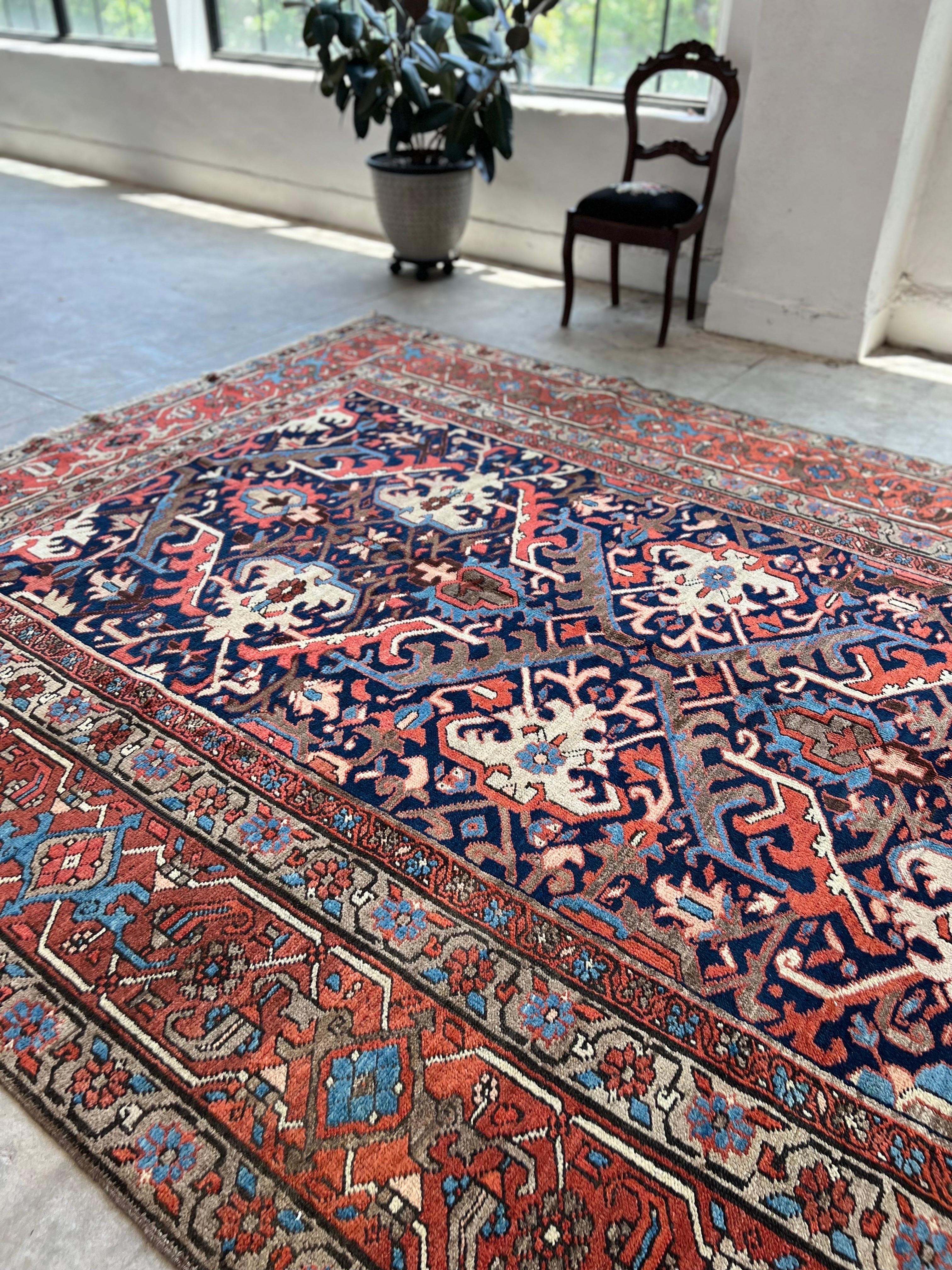 Antique Persian Heriz Rug with a Blue Field, All-Over Pattern, circa 1920s 5