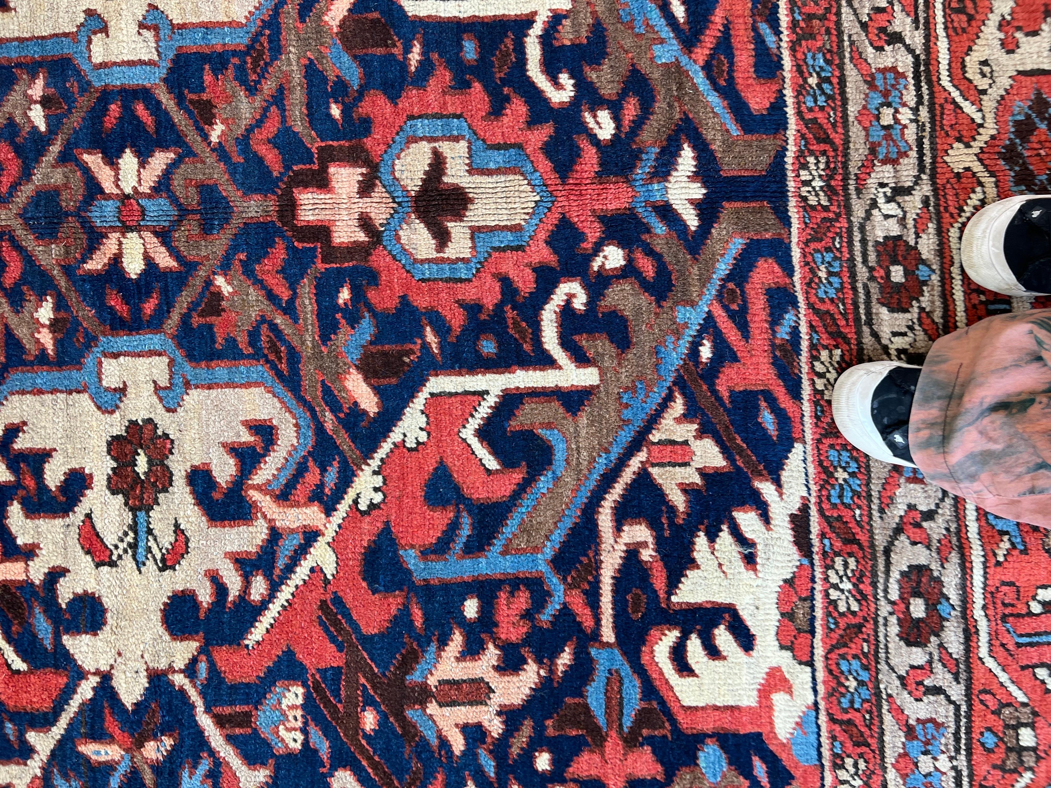 Antique Persian Heriz Rug with a Blue Field, All-Over Pattern, circa 1920s 7