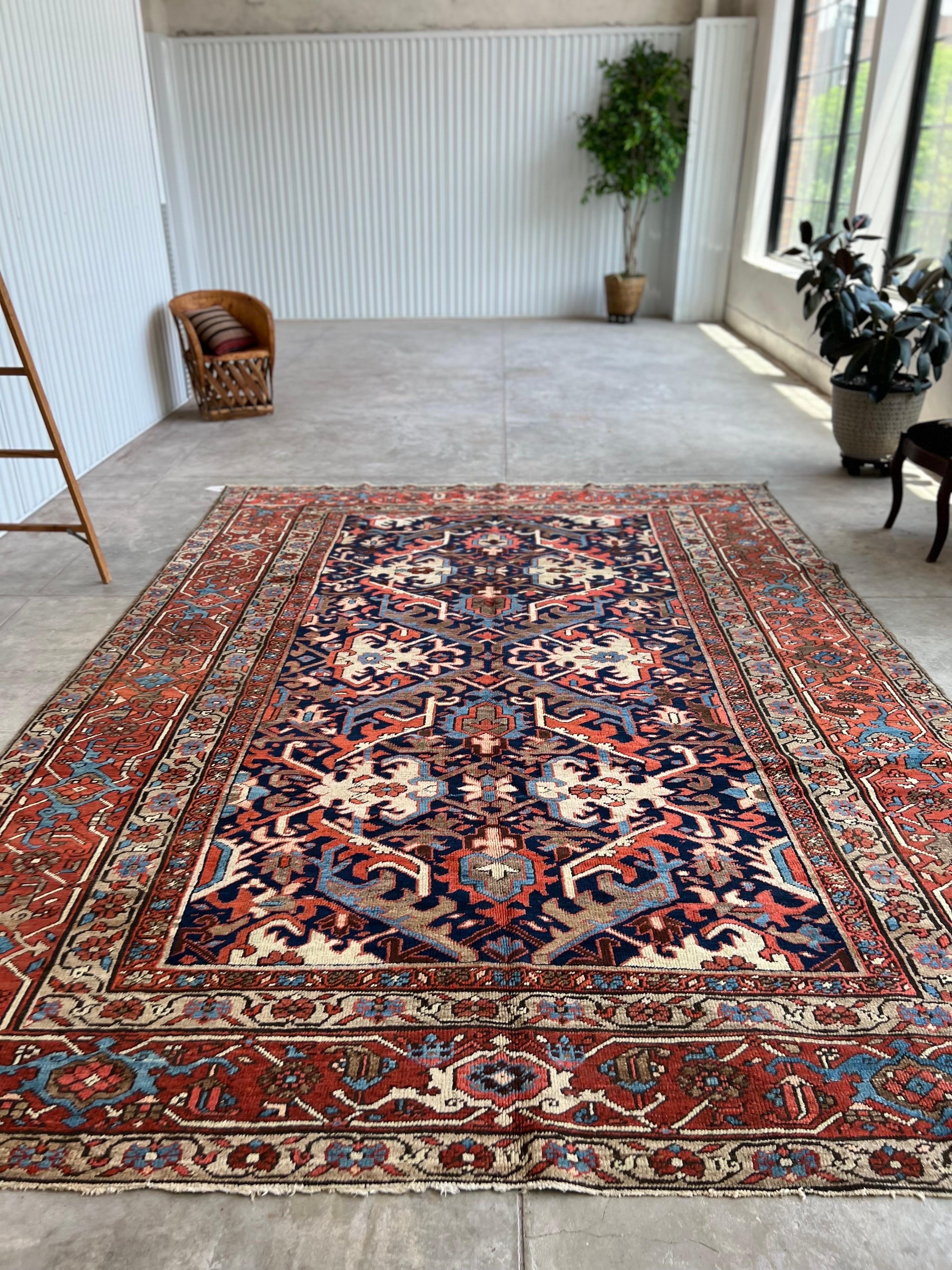 Antique Persian Heriz Rug with a Blue Field, All-Over Pattern, circa 1920s 8