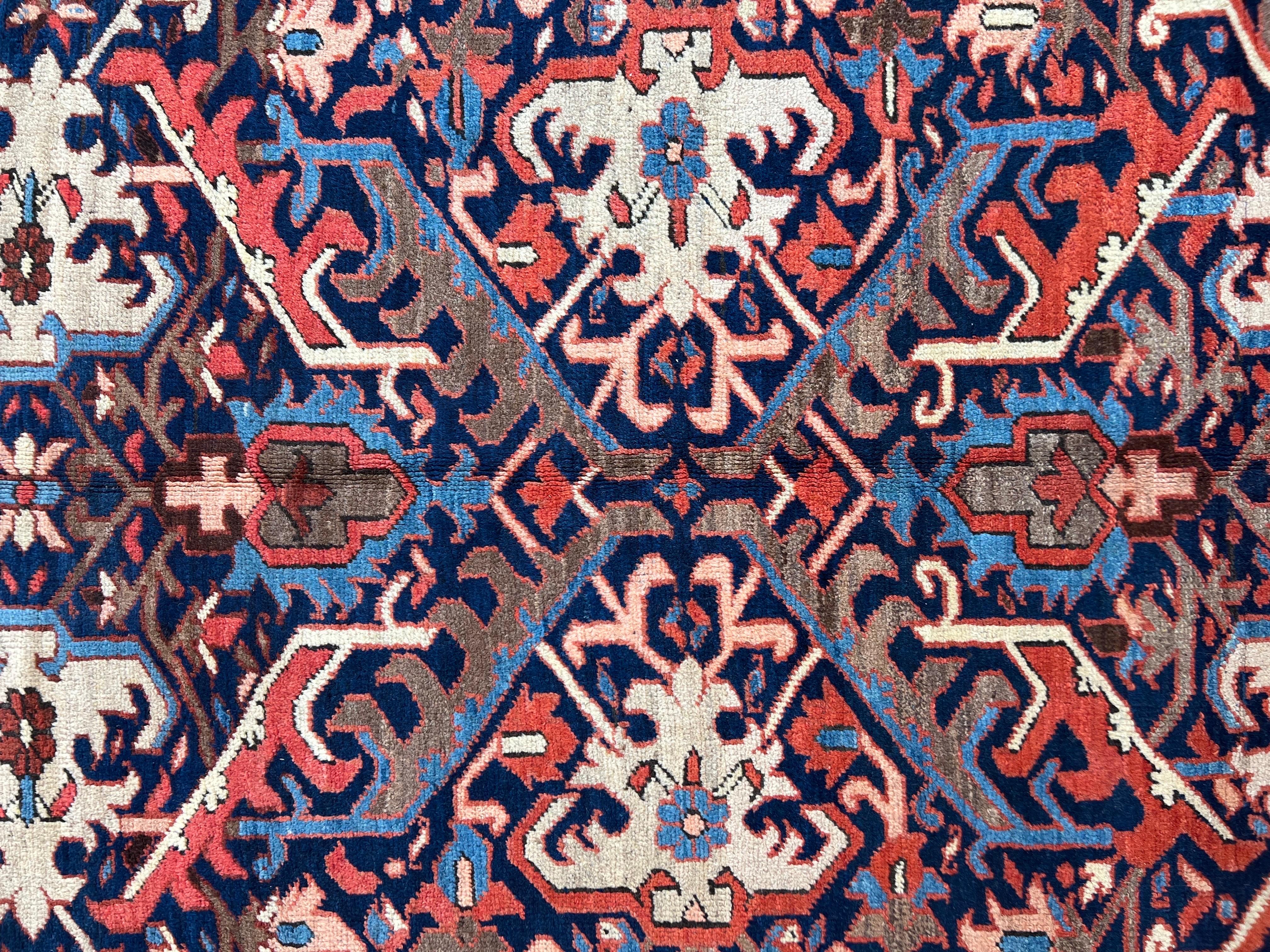 8’8 x 12

The large scale of the pattern on this Persian Heriz carpet is wonderful! An allover pattern is typically a tighter, smaller scale. This one feels so grande! Blue field's are in demand right now and are harder and harder to find. The taupe