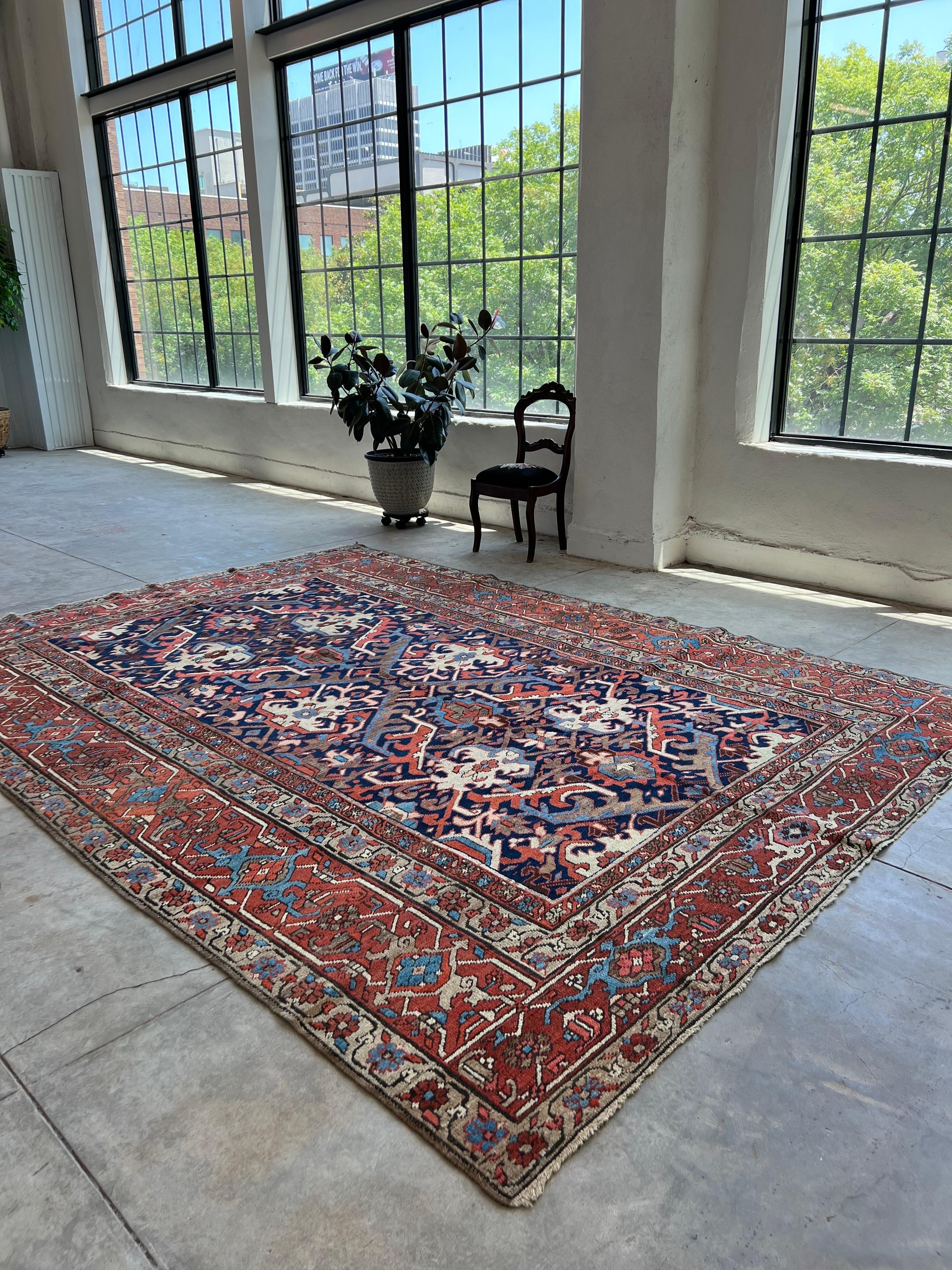 Antique Persian Heriz Rug with a Blue Field, All-Over Pattern, circa 1920s In Good Condition In Birmingham, AL