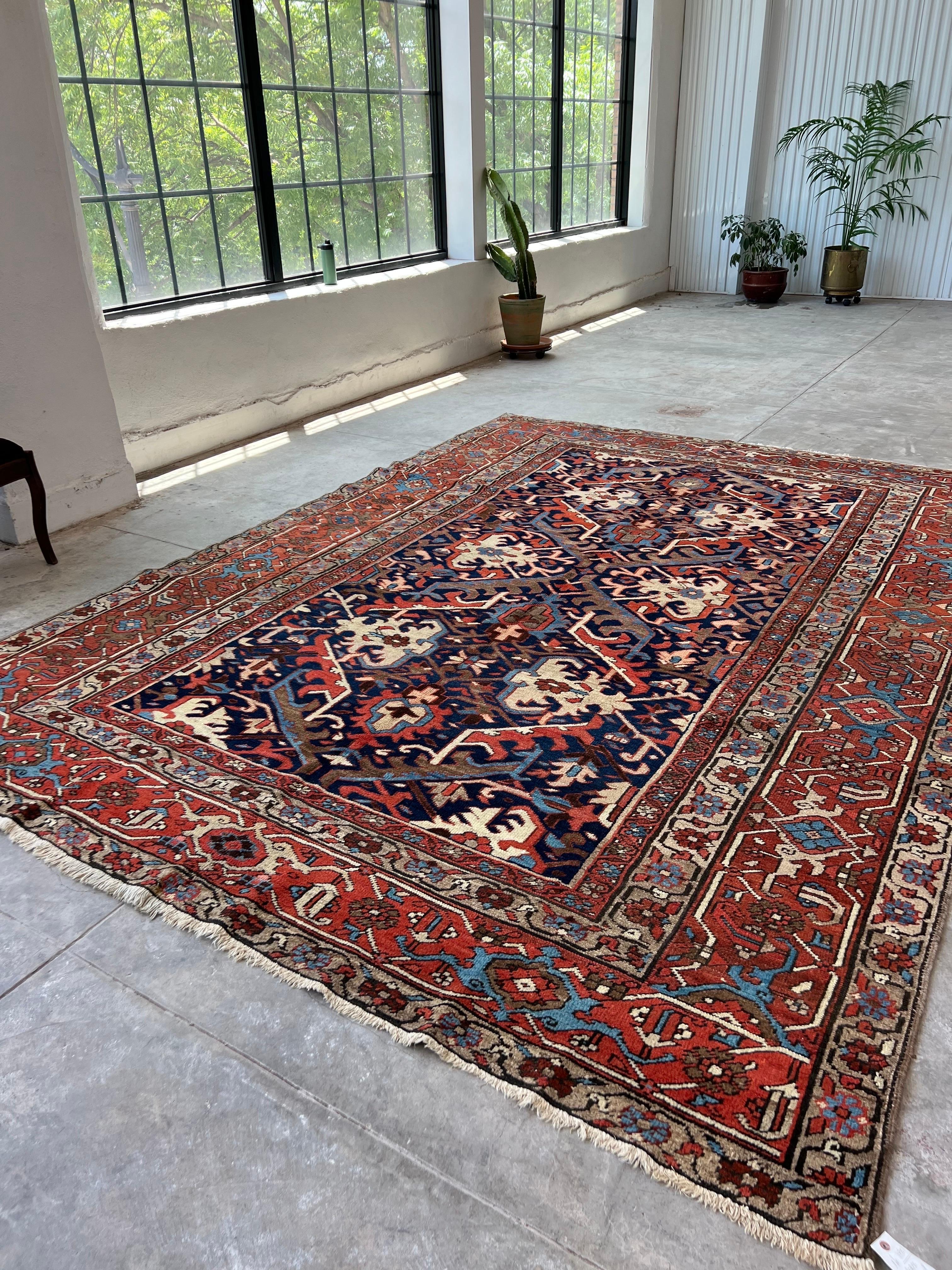 20th Century Antique Persian Heriz Rug with a Blue Field, All-Over Pattern, circa 1920s