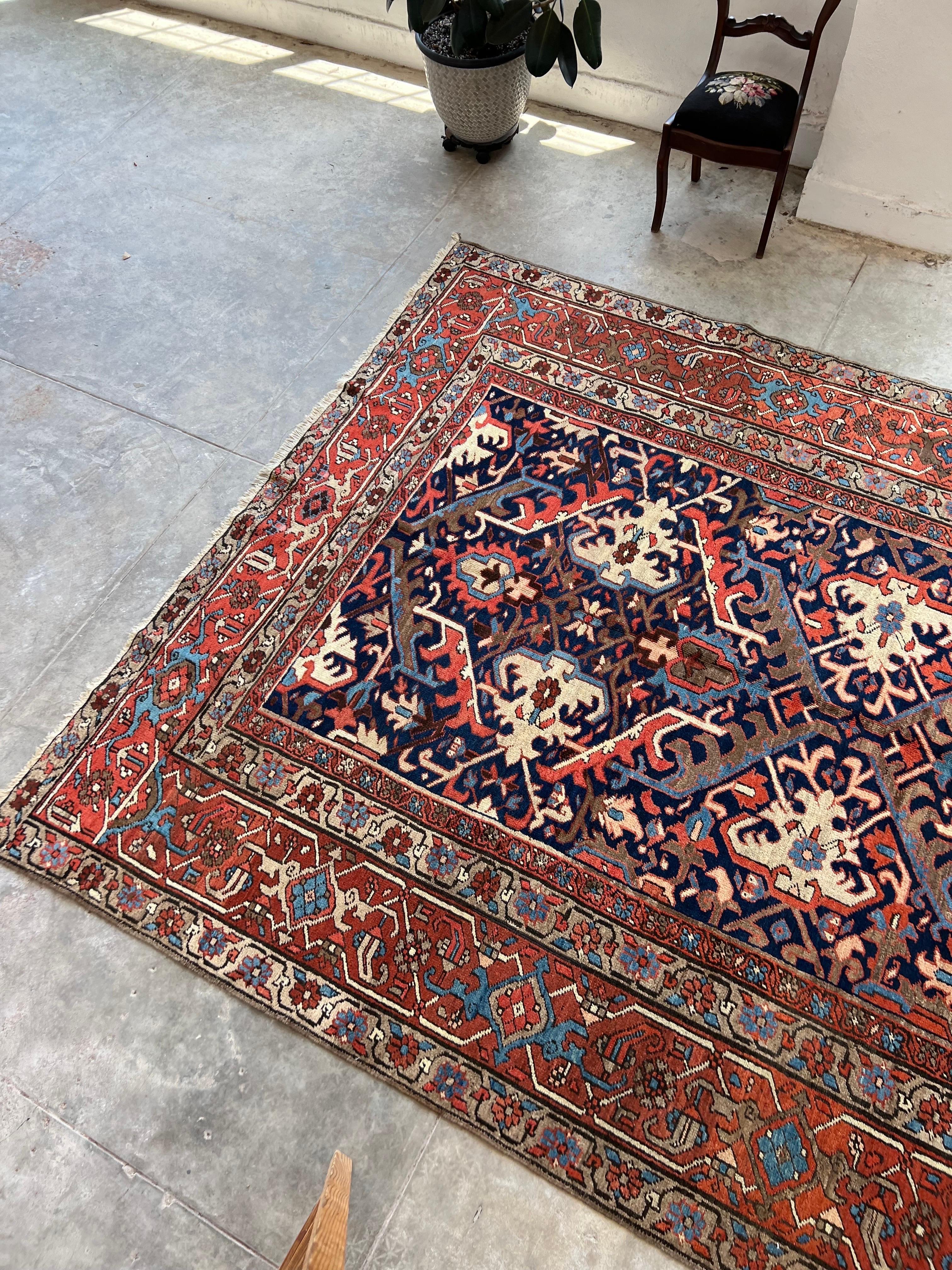Antique Persian Heriz Rug with a Blue Field, All-Over Pattern, circa 1920s 1