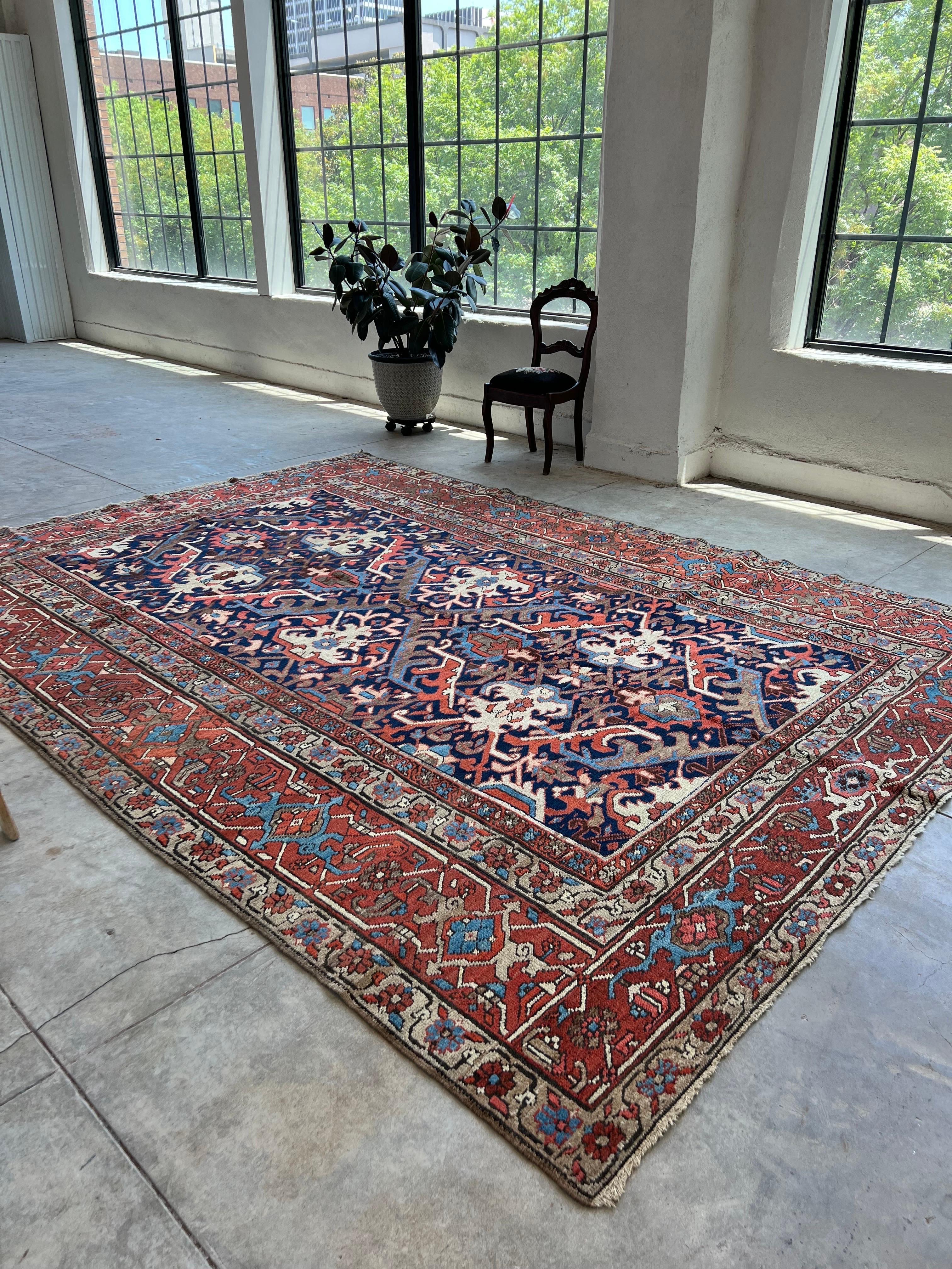 Antique Persian Heriz Rug with a Blue Field, All-Over Pattern, circa 1920s 2