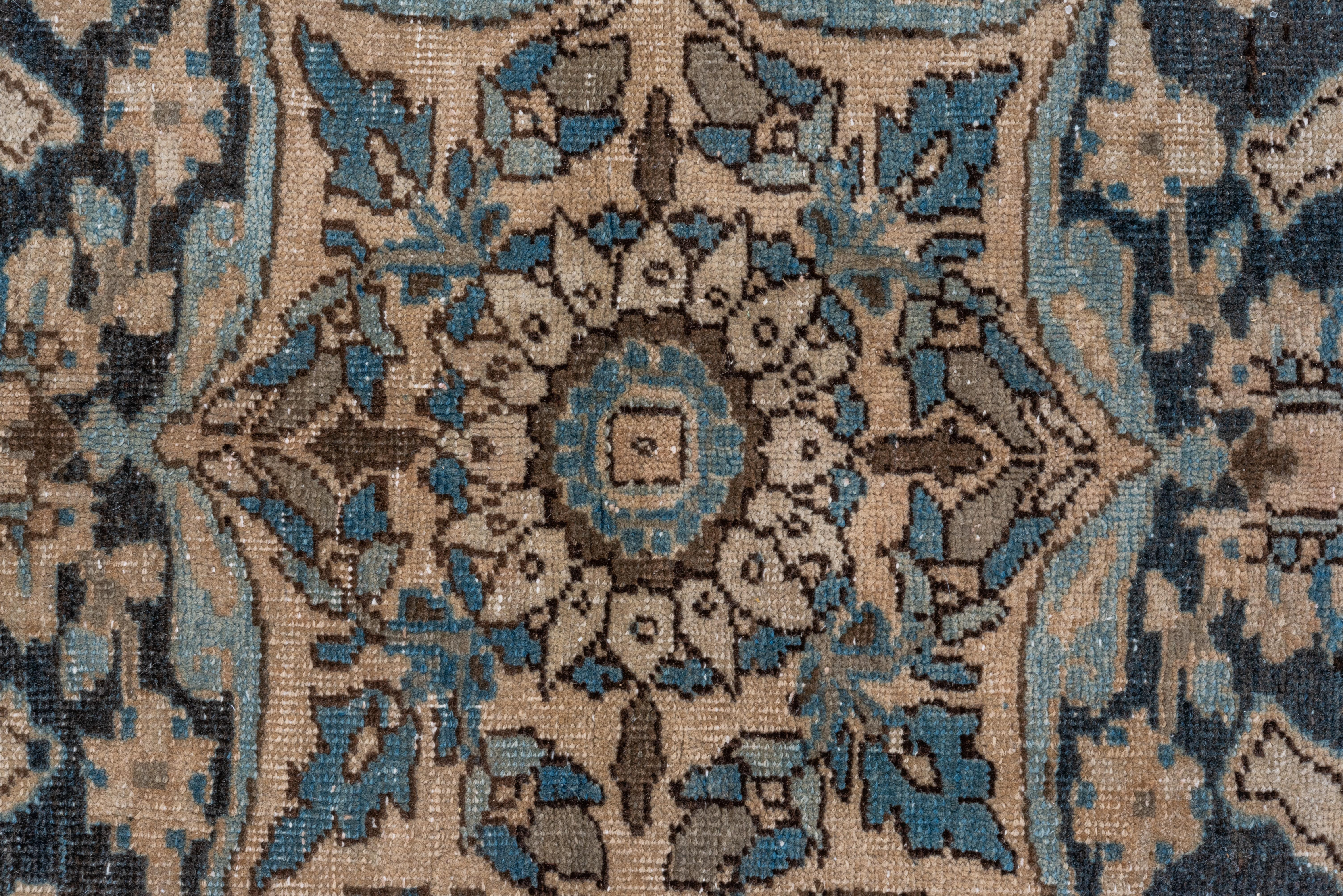 Heriz Serapi Antique Persian Heriz Rug with a Caramel Beige Field, Blue Ahar Medallion For Sale