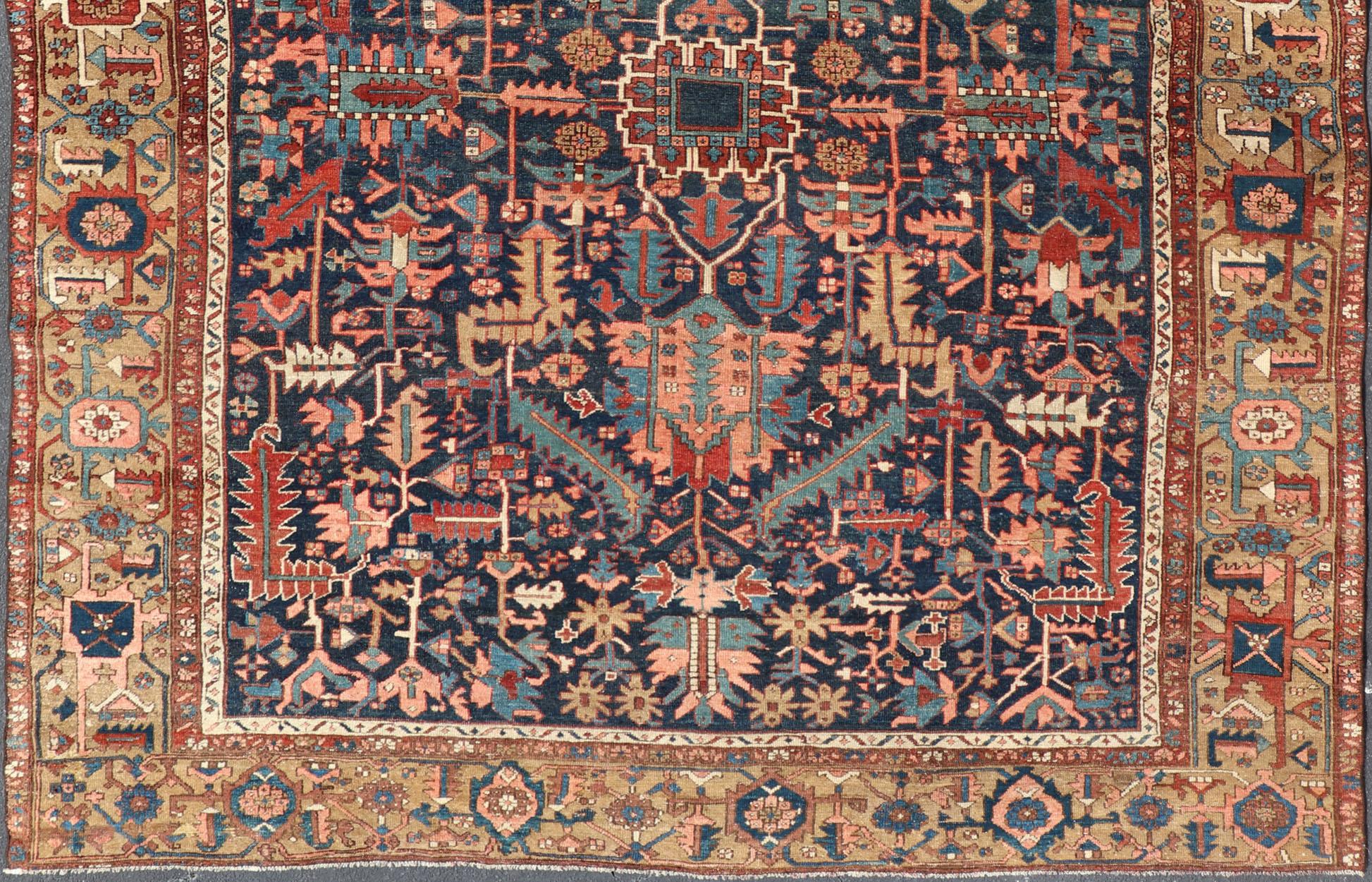 Antique Persian Heriz Rug with All-Over Sub-Geometric Design on a Blue Field For Sale 3