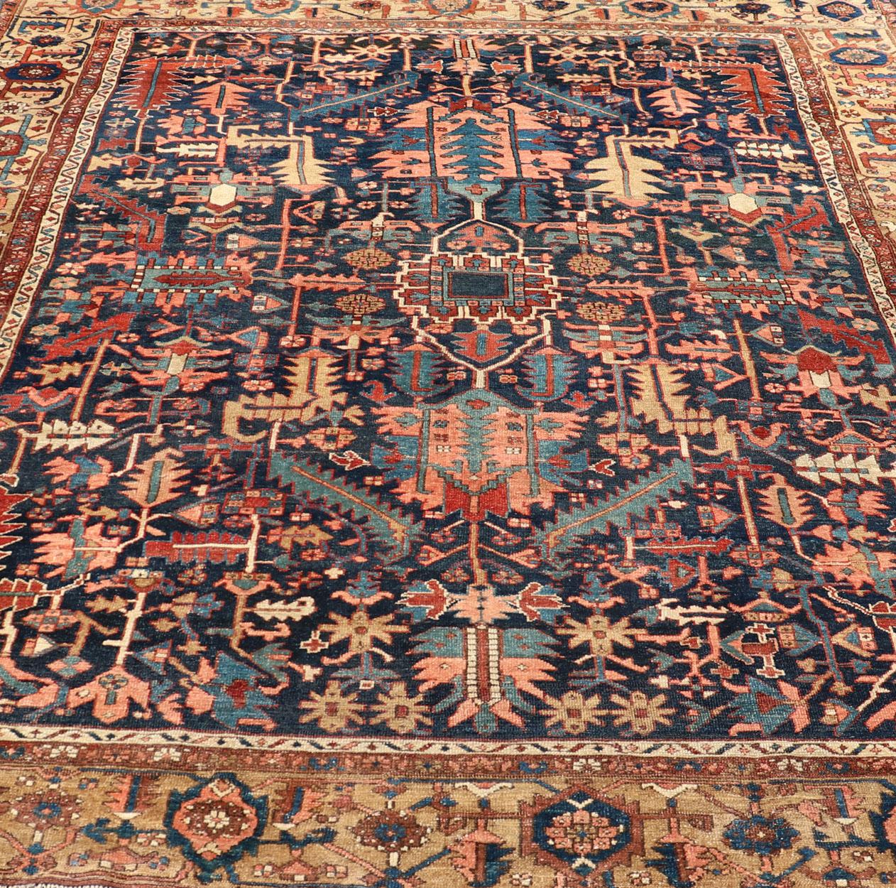 Antique Persian Heriz Rug with All-Over Sub-Geometric Design on a Blue Field For Sale 5