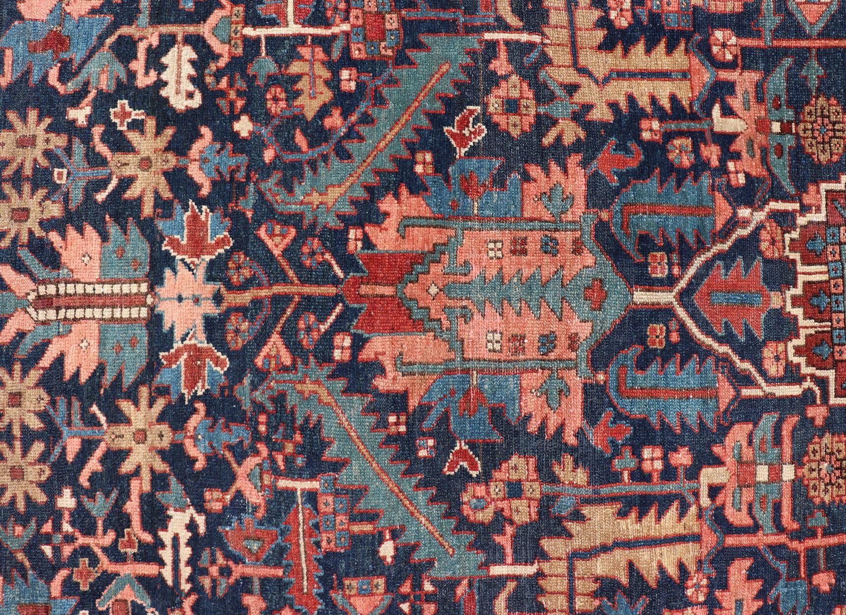 Hand-Knotted Antique Persian Heriz Rug with All-Over Sub-Geometric Design on a Blue Field For Sale