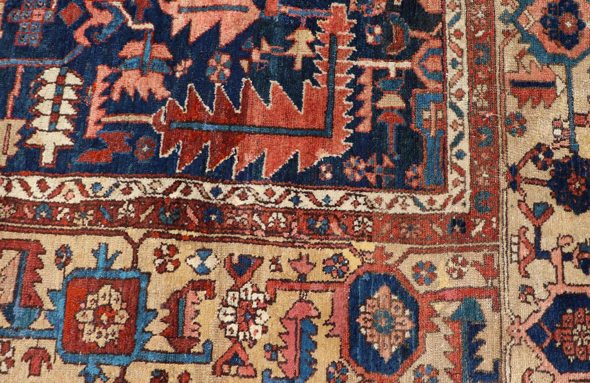 Antique Persian Heriz Rug with All-Over Sub-Geometric Design on a Blue Field In Good Condition For Sale In Atlanta, GA