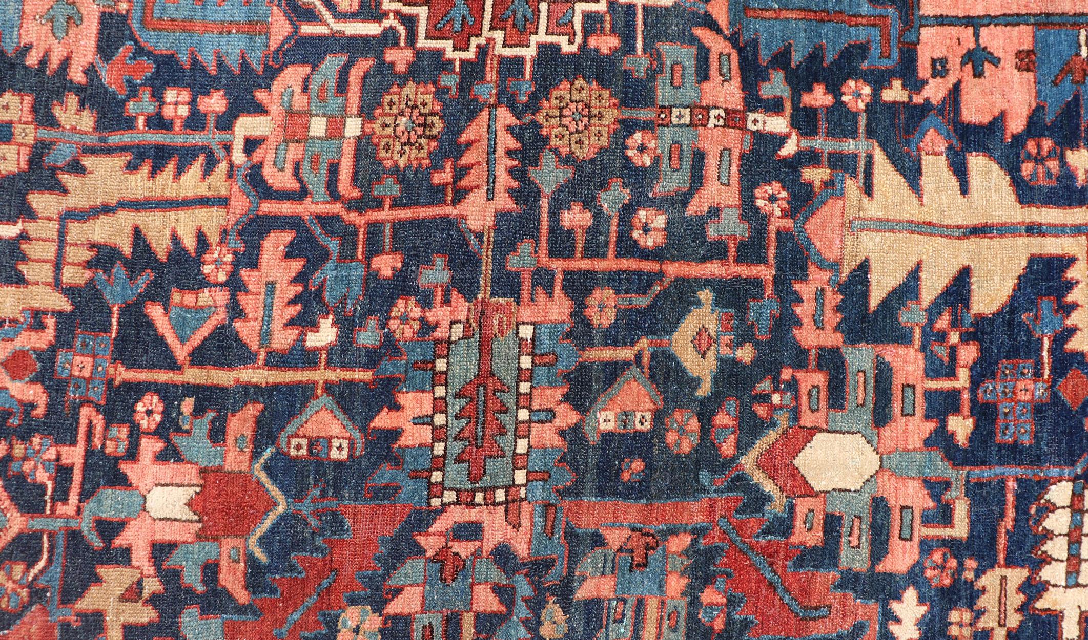 20th Century Antique Persian Heriz Rug with All-Over Sub-Geometric Design on a Blue Field For Sale