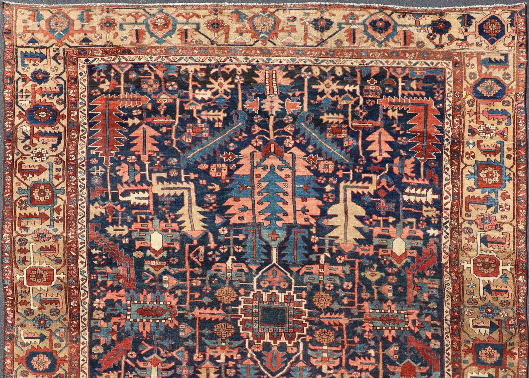 Antique Persian Heriz Rug with All-Over Sub-Geometric Design on a Blue Field For Sale 1