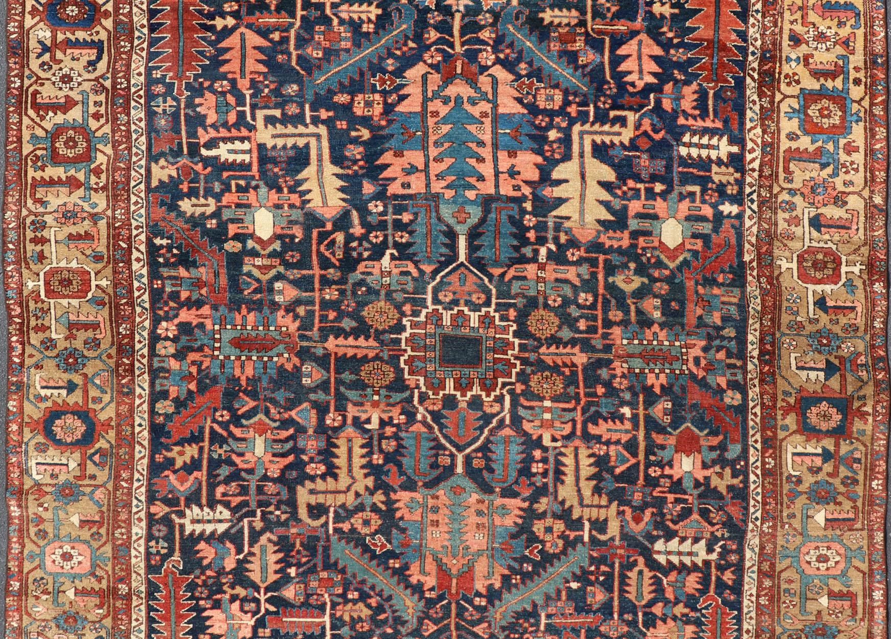 Antique Persian Heriz Rug with All-Over Sub-Geometric Design on a Blue Field For Sale 2