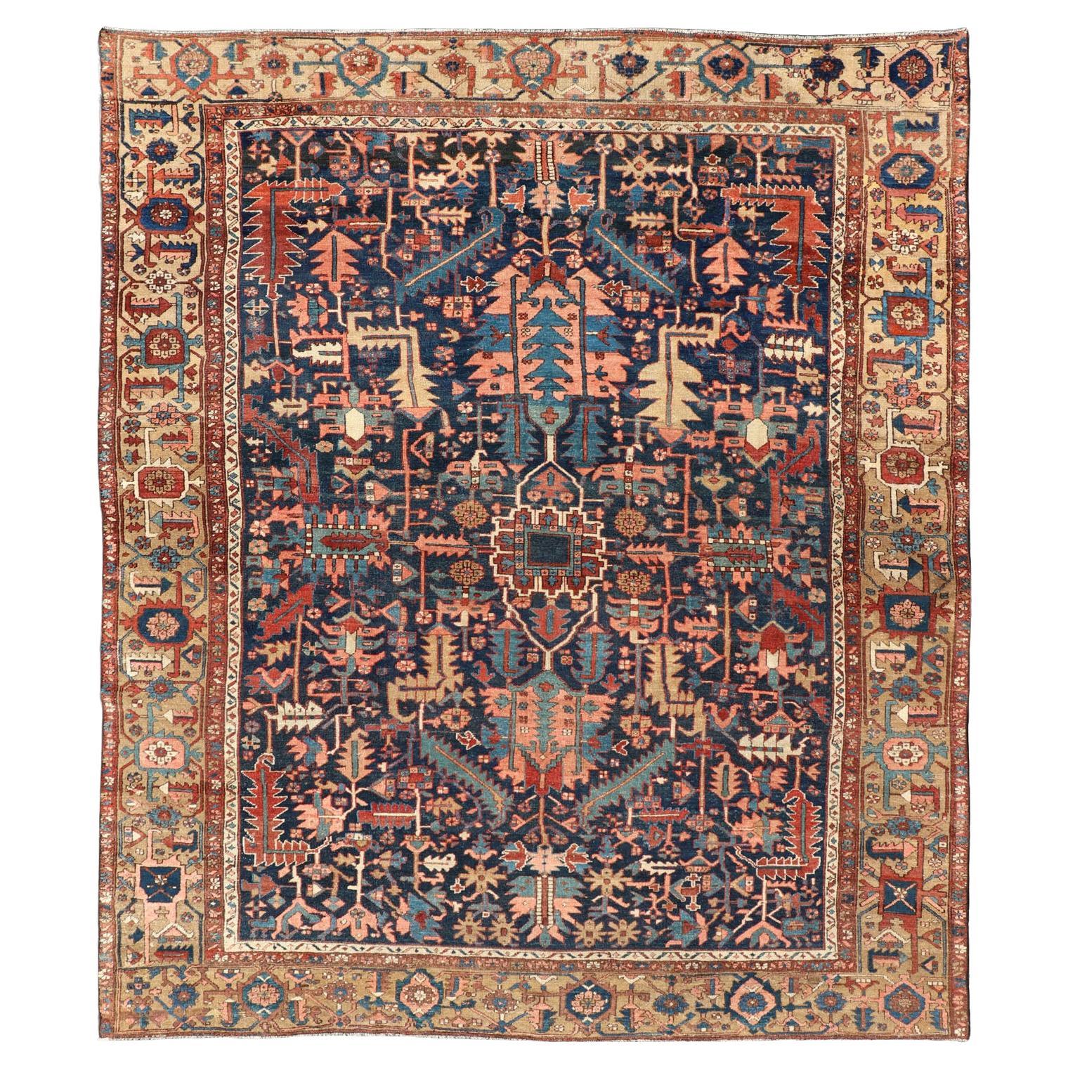 Antique Persian Heriz Rug with All-Over Sub-Geometric Design on a Blue Field