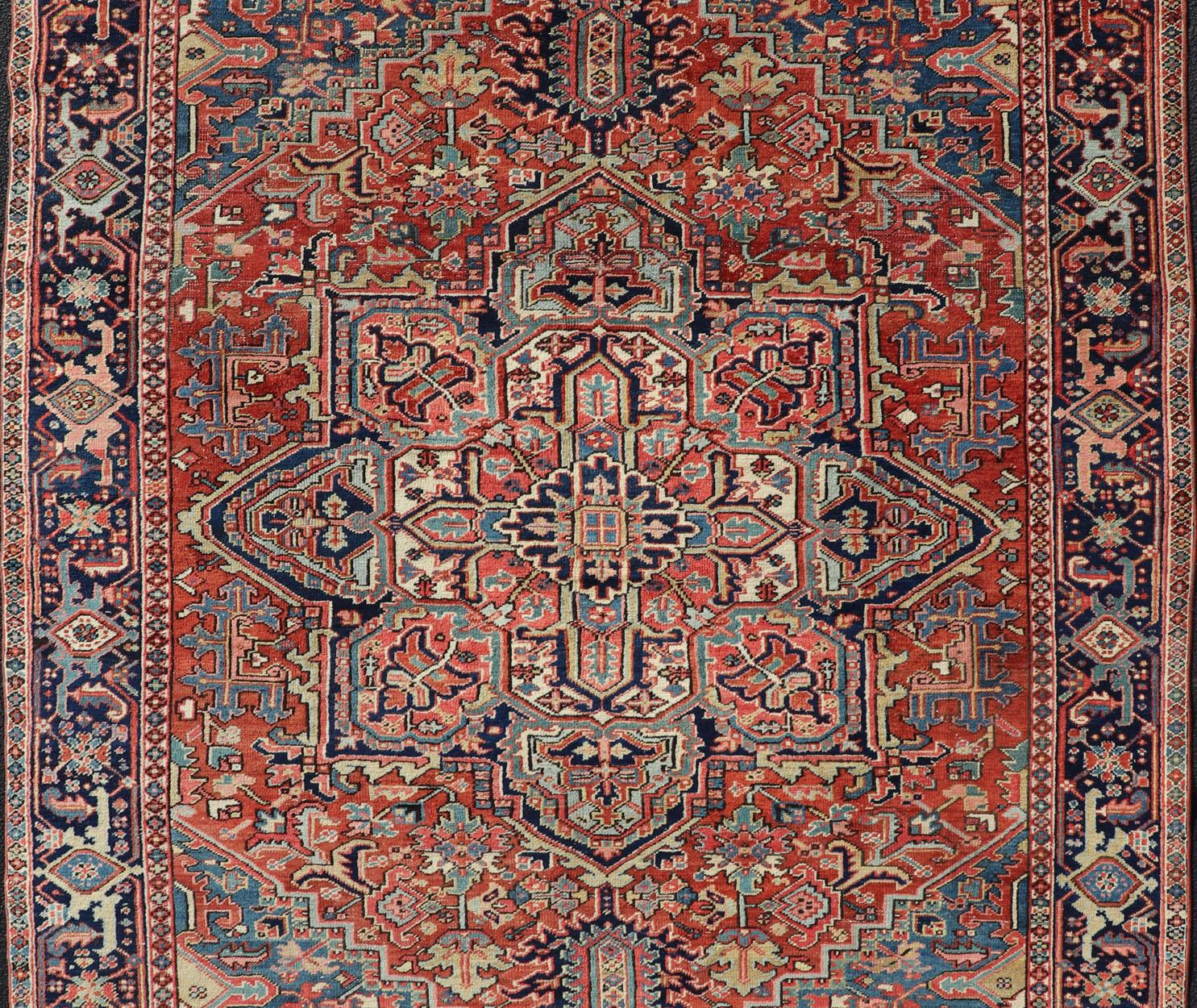 Hand-Knotted Antique Persian Heriz Rug with All-Over Sub-Geometric Layered Medallion Design For Sale