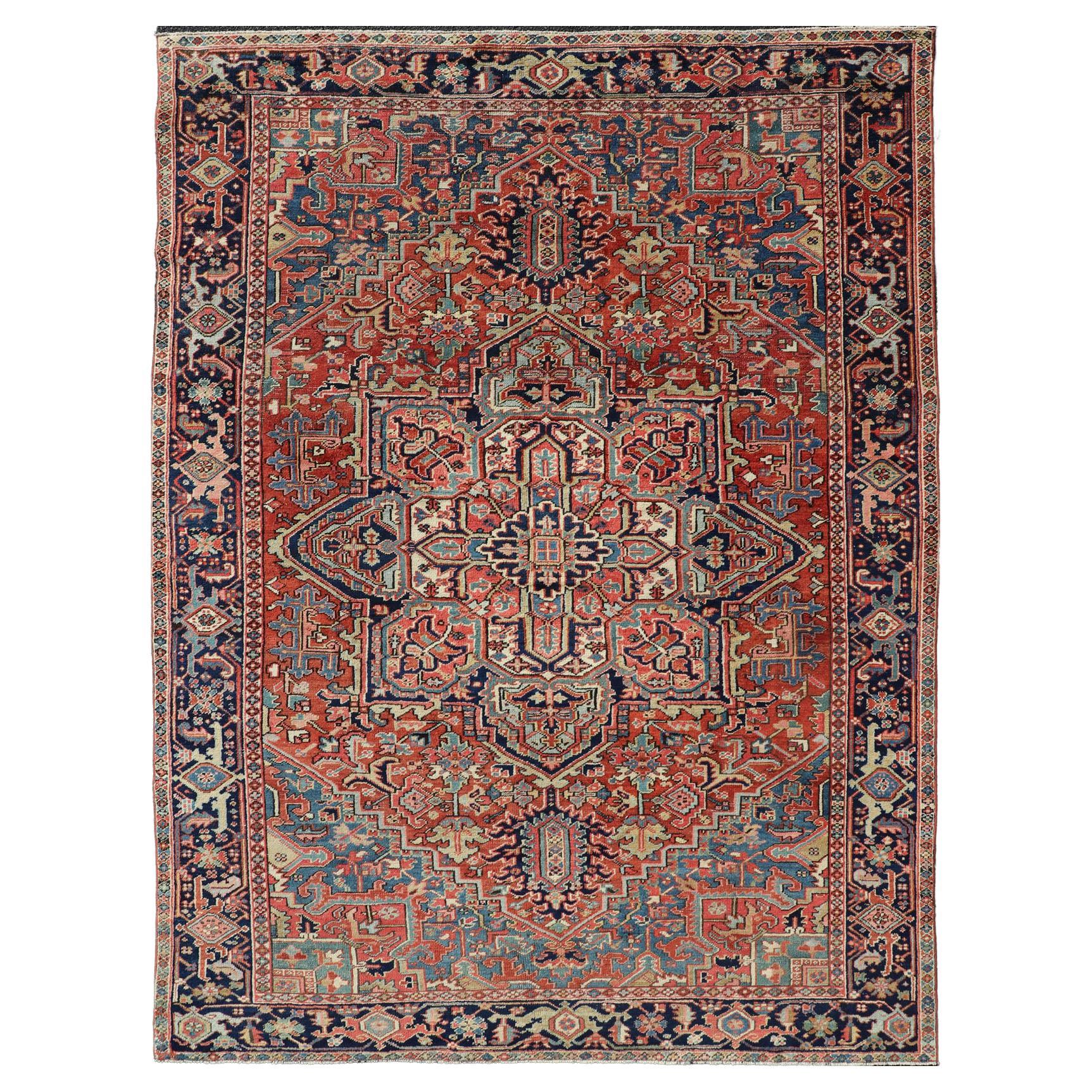 Antique Persian Heriz Rug with All-Over Sub-Geometric Layered Medallion Design