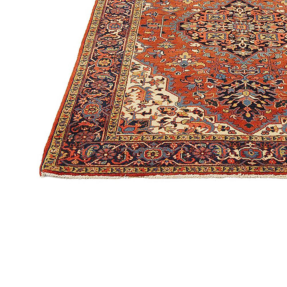 Hand-Woven Antique Persian Heriz Rug with Beige & Blue Floral Details on Red & Ivory Field For Sale