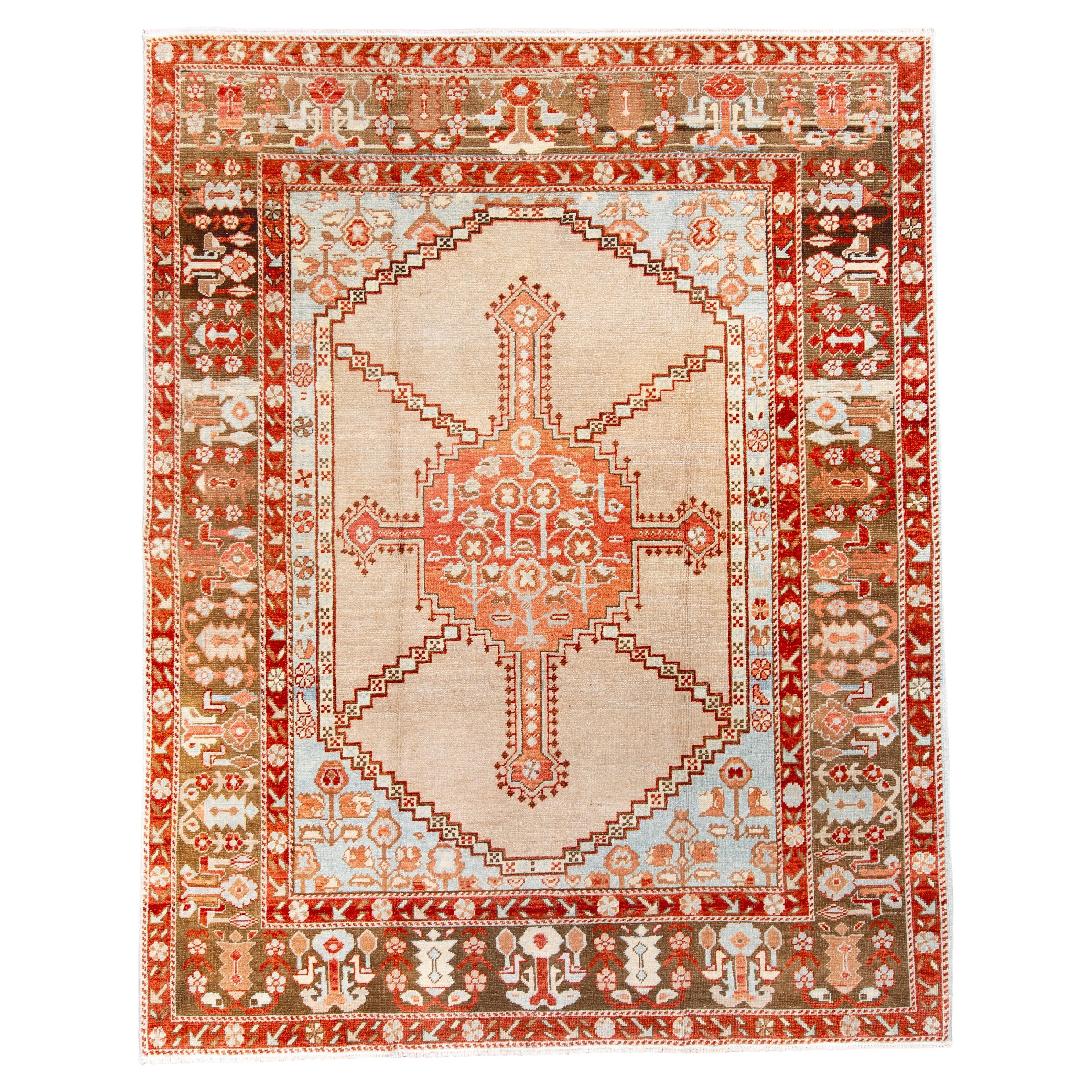 Antique Persian Heriz Rug with Bold Geometric Medallion