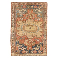 Antique Persian Heriz Rug with Brown and Blue Flower Motifs on Beige Field