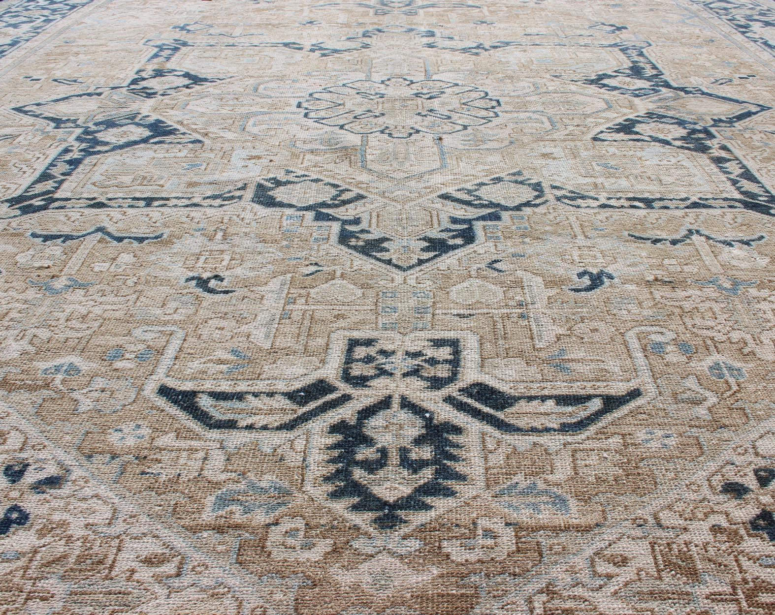 Antique Persian Heriz Rug with Geometric Medallion Design in Taupe, Blue-Gray For Sale 3