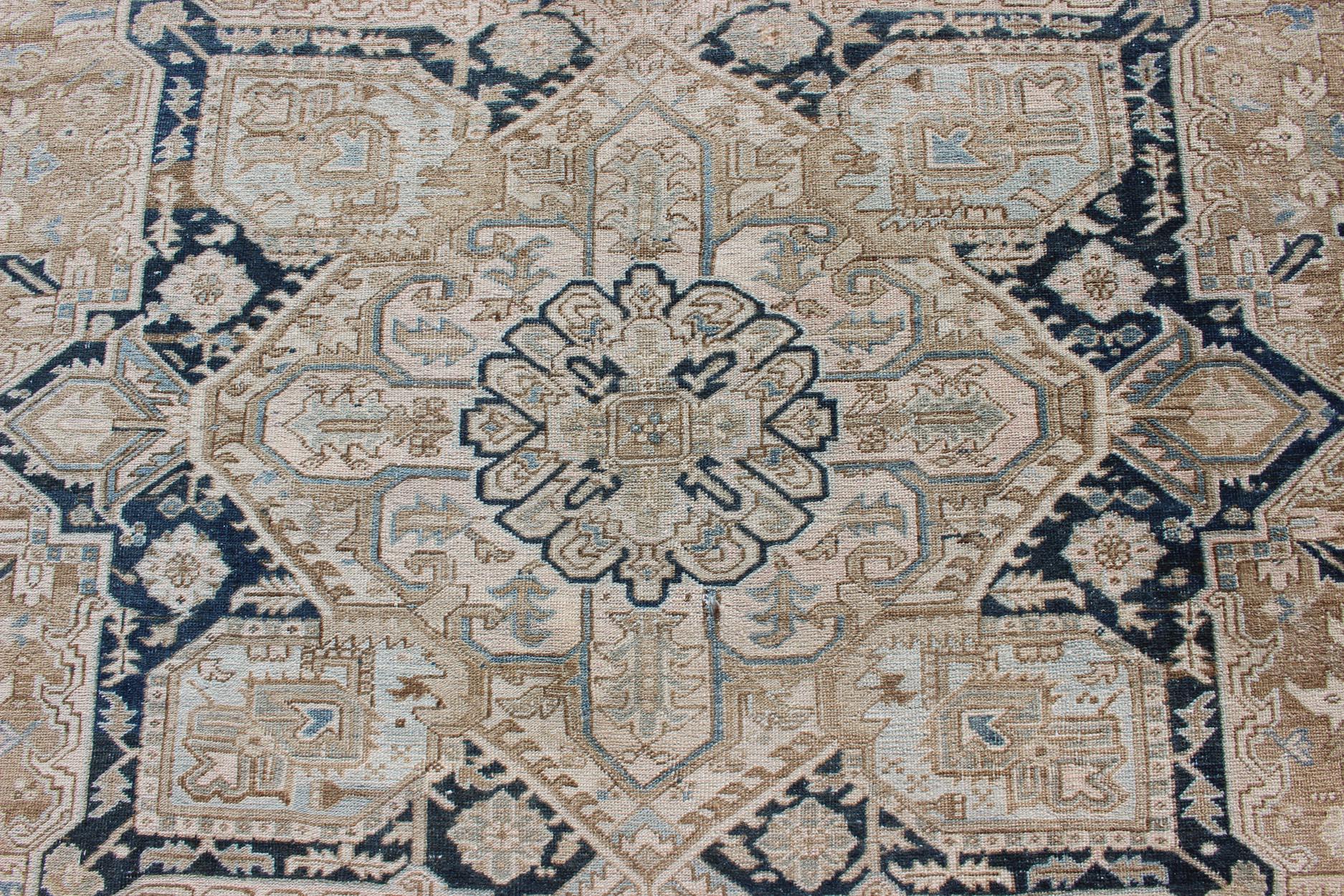 Antique Persian Heriz Rug with Geometric Medallion Design in Taupe, Blue-Gray For Sale 4