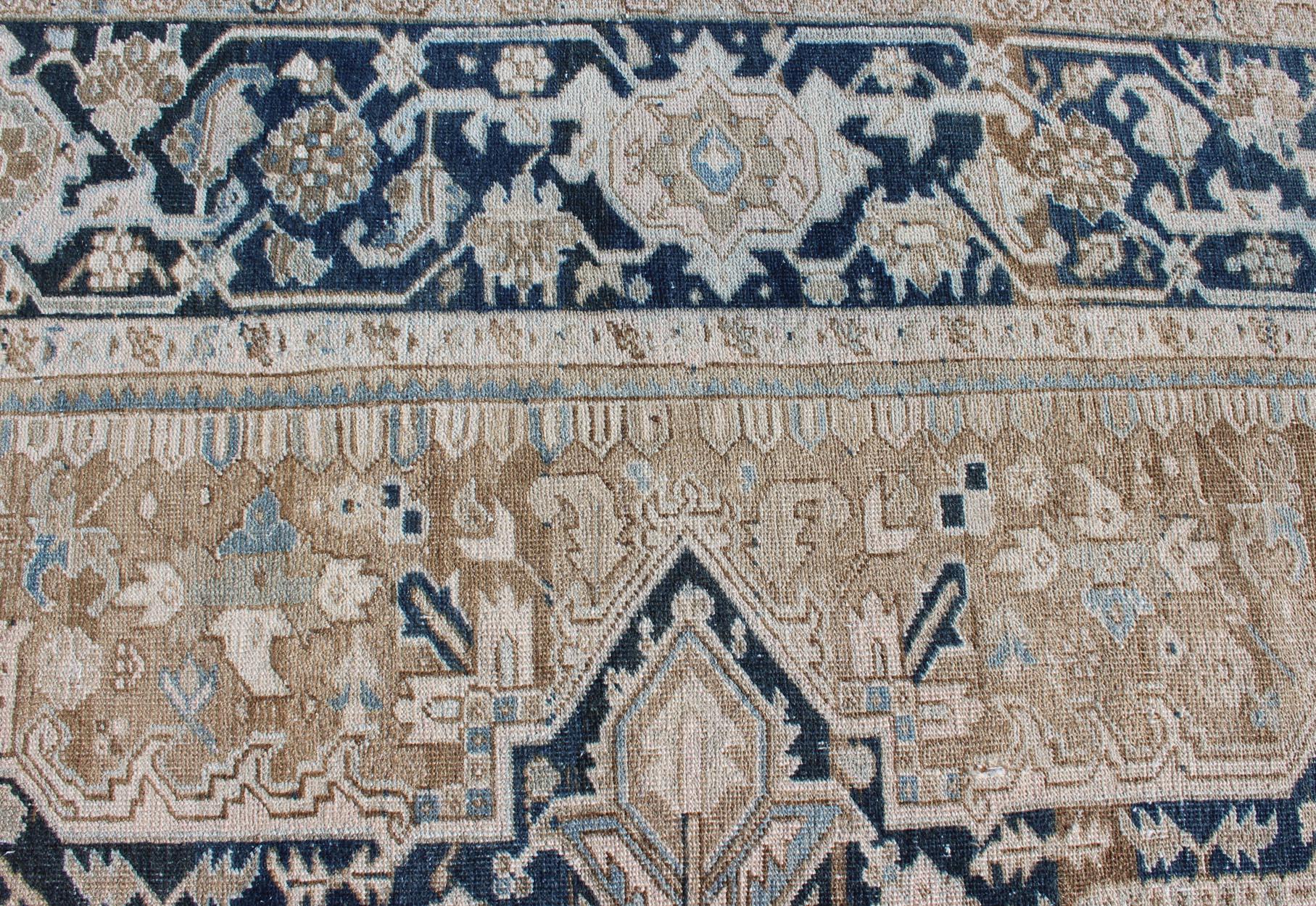 Antique Persian Heriz Rug with Geometric Medallion Design in Taupe, Blue-Gray For Sale 6
