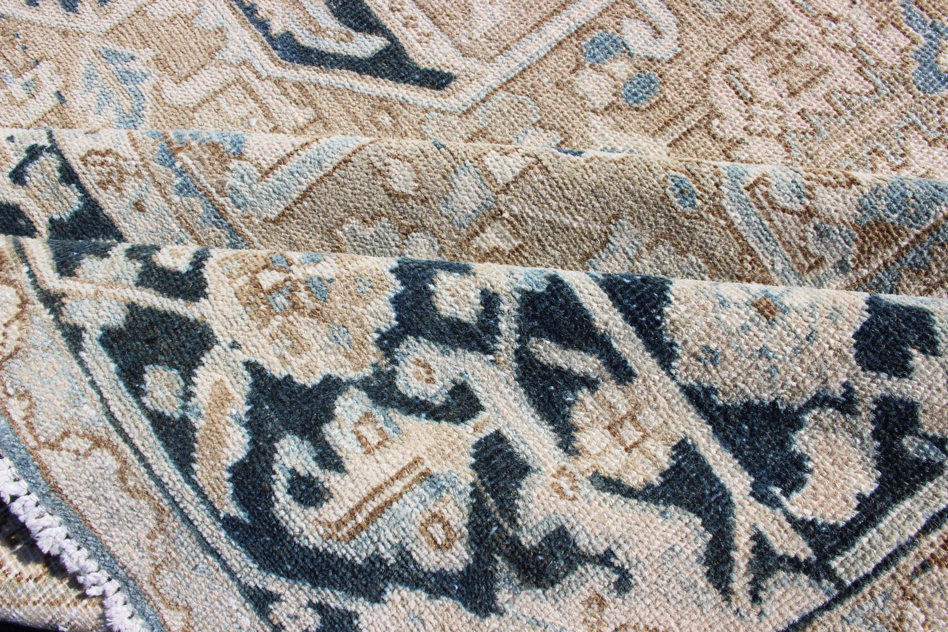 Antique Persian Heriz Rug with Geometric Medallion Design in Taupe, Blue-Gray In Good Condition For Sale In Atlanta, GA