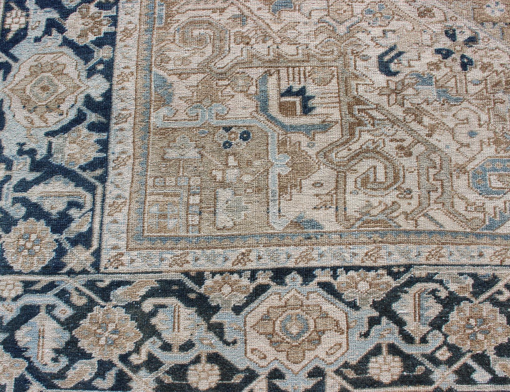 Mid-20th Century Antique Persian Heriz Rug with Geometric Medallion Design in Taupe, Blue-Gray For Sale