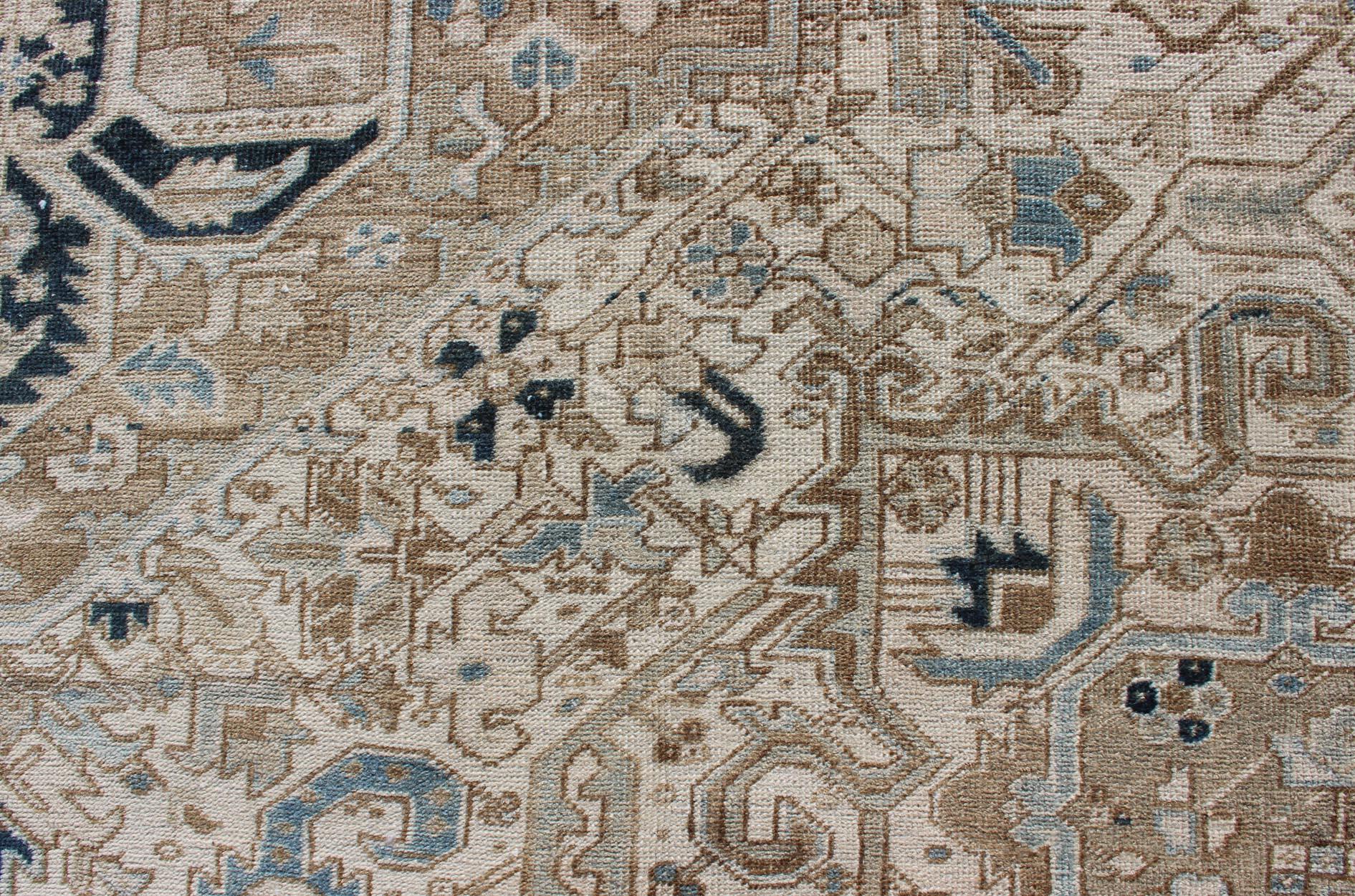 Wool Antique Persian Heriz Rug with Geometric Medallion Design in Taupe, Blue-Gray For Sale
