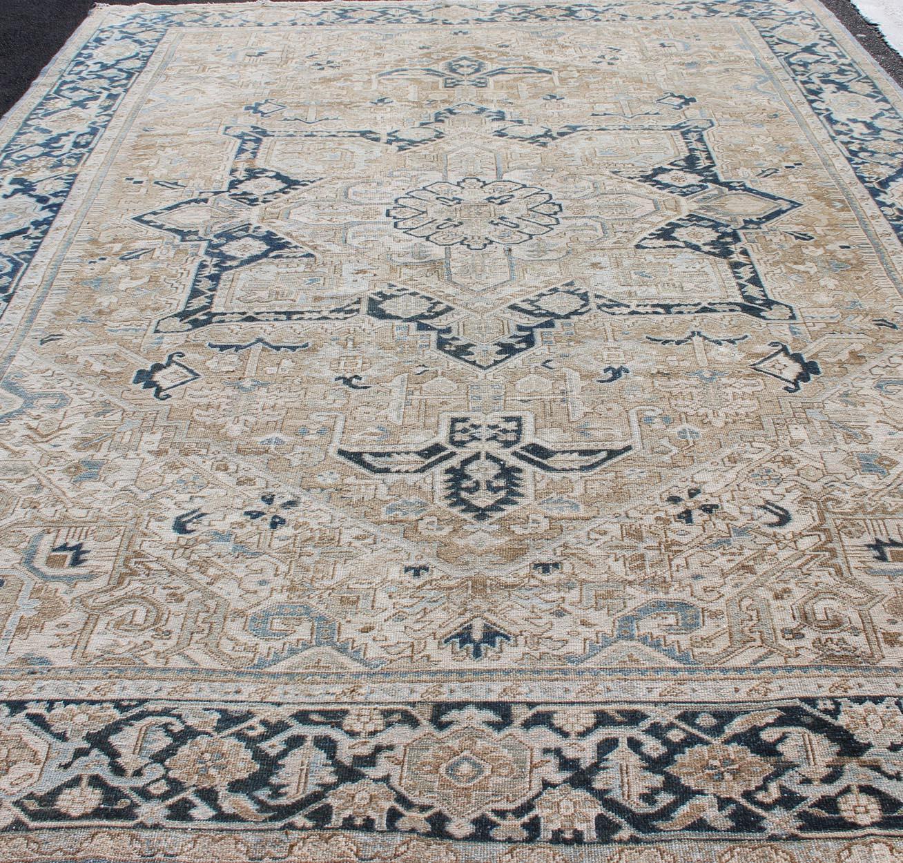 Antique Persian Heriz Rug with Geometric Medallion Design in Taupe, Blue-Gray For Sale 2