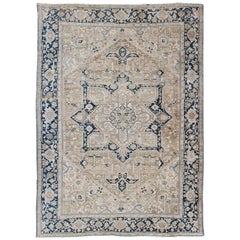 Antique Persian Heriz Rug with Geometric Medallion Design in Taupe, Blue-Gray