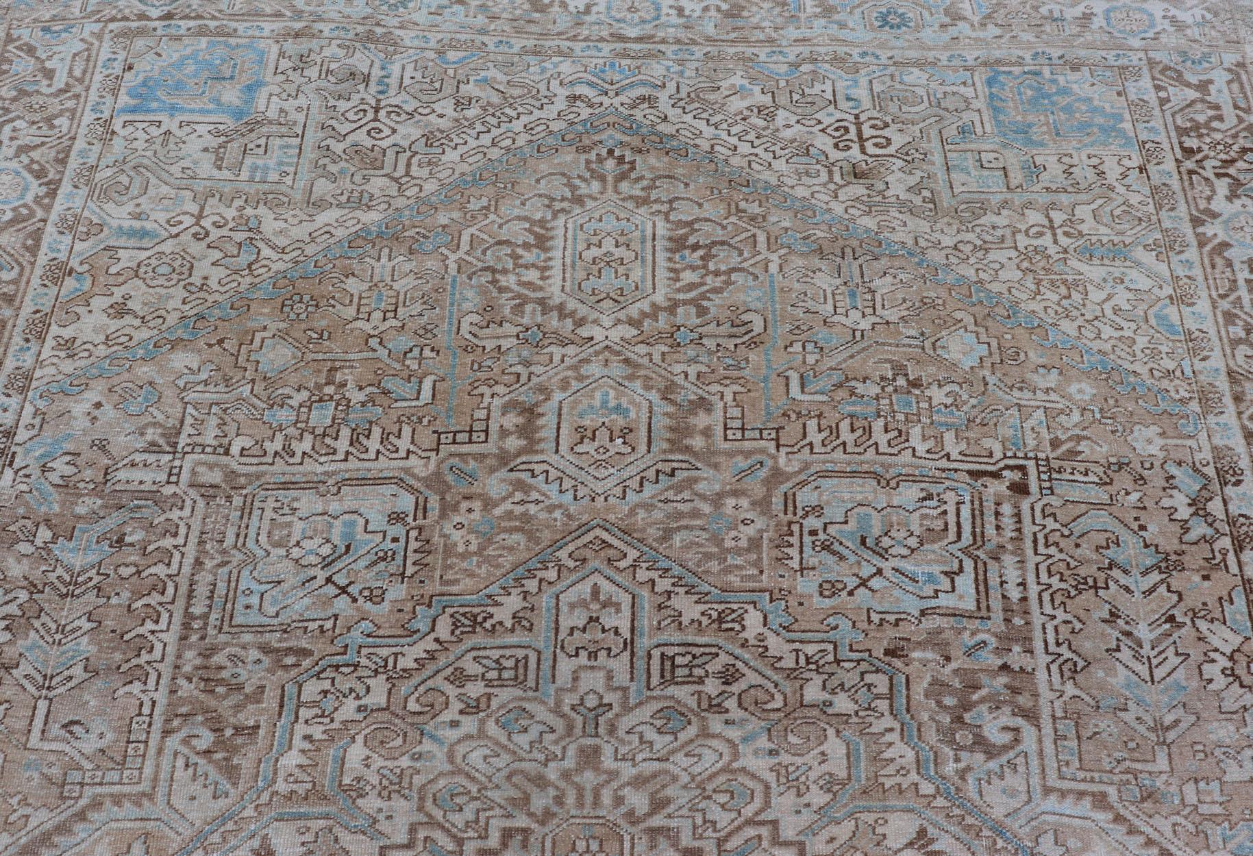 Antique Persian Heriz Rug with Geometric Design in Taupe, Tan, Brown and Lt Blue For Sale 3