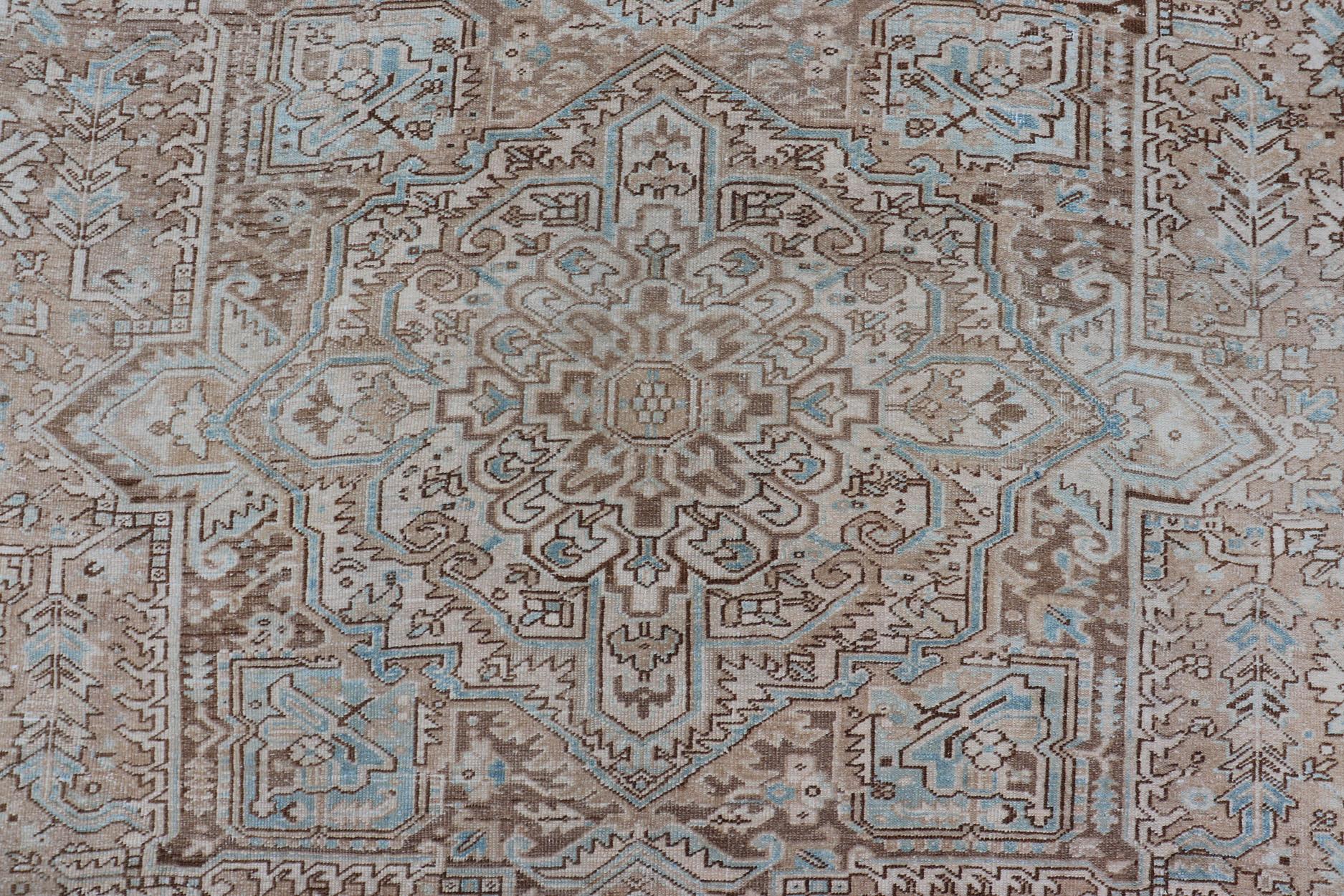 Antique Persian Heriz Rug with Geometric Design in Taupe, Tan, Brown and Lt Blue For Sale 4