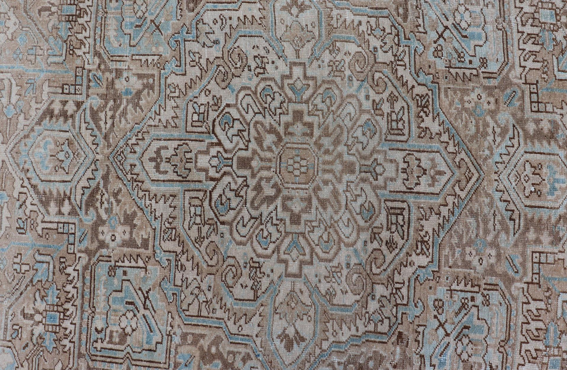 Antique Persian Heriz Rug with Geometric Design in Taupe, Tan, Brown and Lt Blue For Sale 5