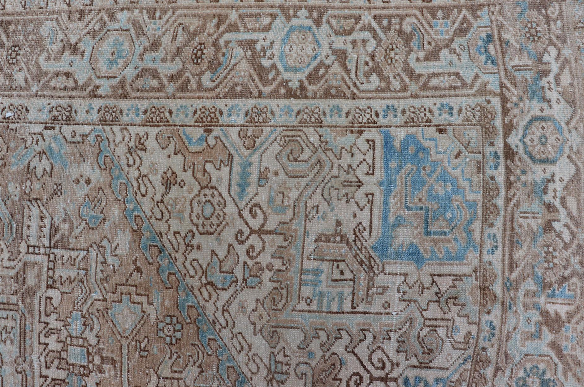 Antique Persian Heriz Rug with Geometric Design in Taupe, Tan, Brown and Lt Blue For Sale 7