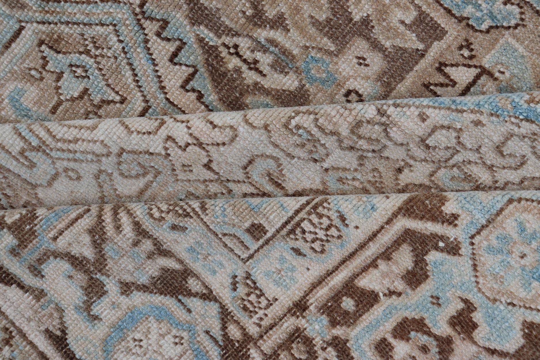 Antique Persian Heriz Rug with Geometric Design in Taupe, Tan, Brown and Lt Blue For Sale 10