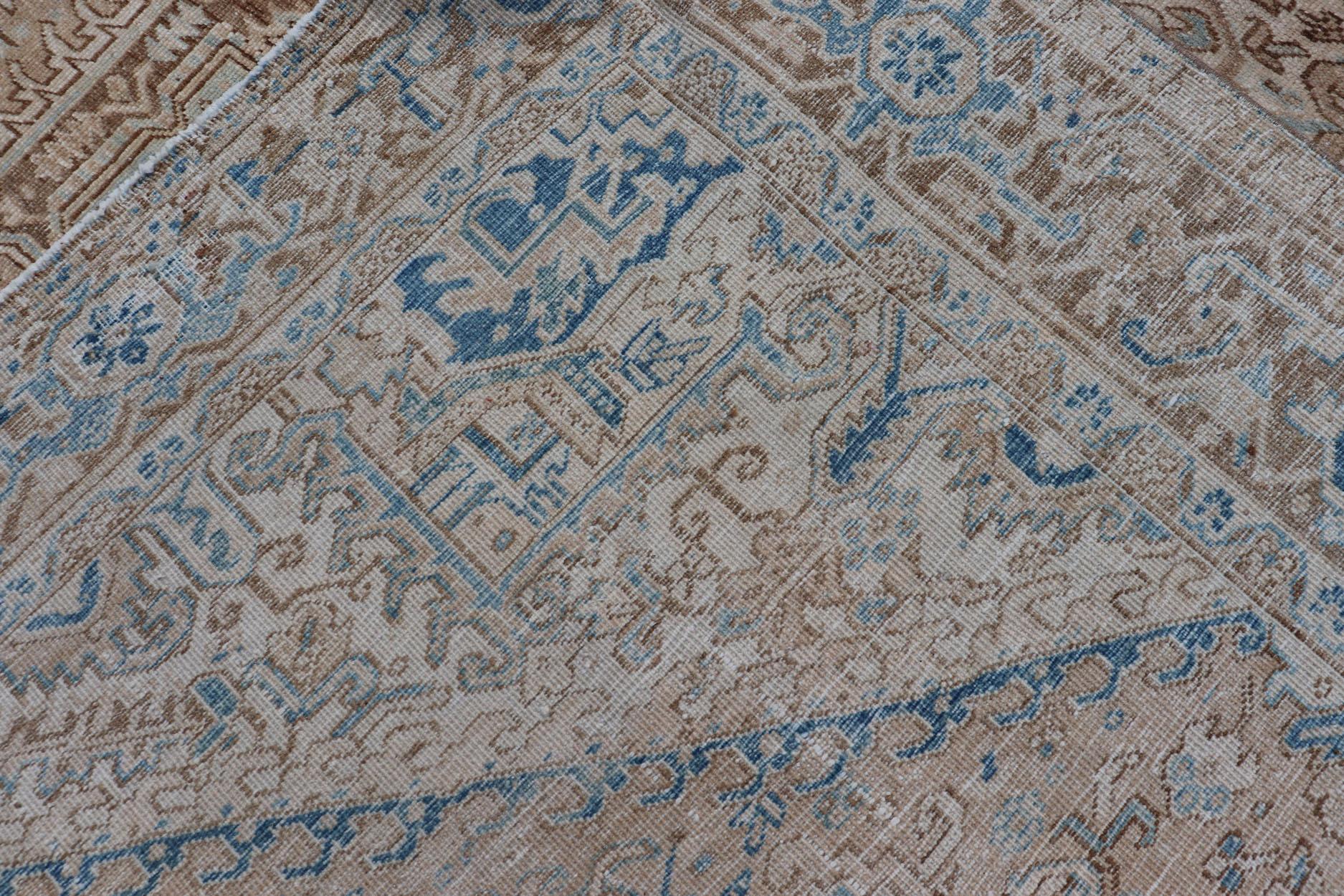 Antique Persian Heriz Rug with Geometric Design in Taupe, Tan, Brown and Lt Blue For Sale 12