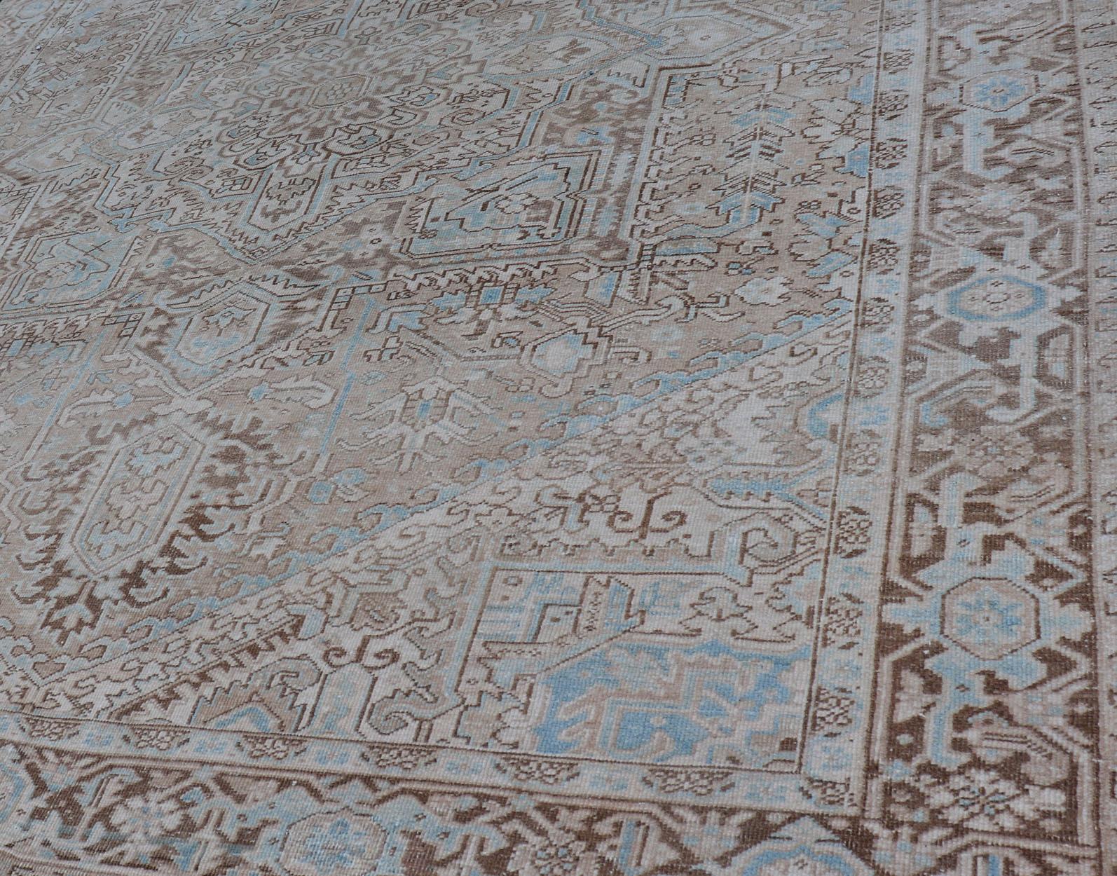 Hand-Knotted Antique Persian Heriz Rug with Geometric Design in Taupe, Tan, Brown and Lt Blue For Sale